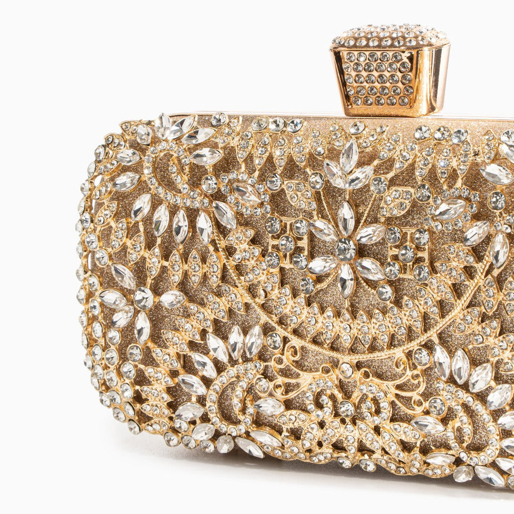 Elegant Gold Metallic Flower Clutch with Rhinestone Detailing