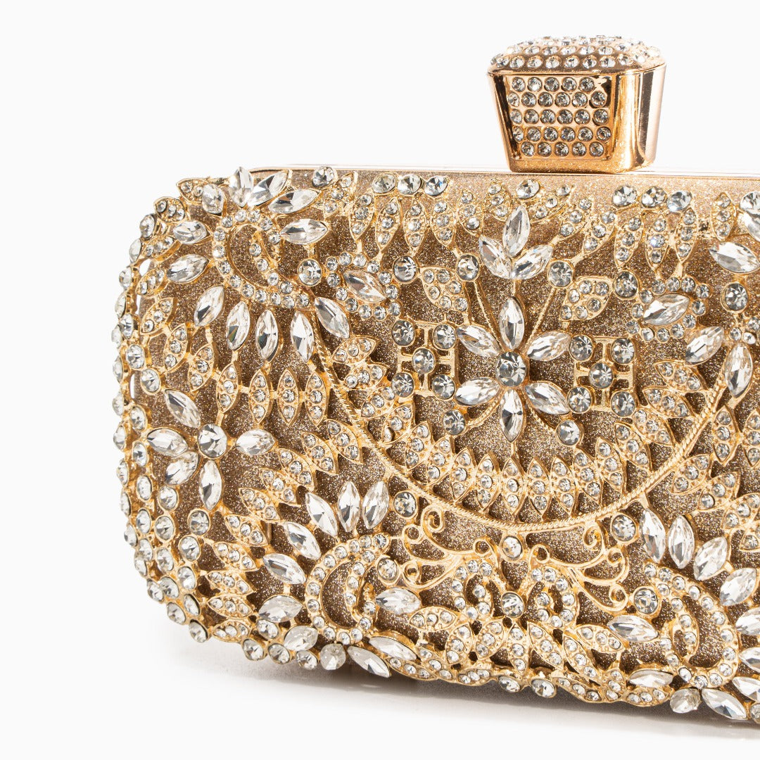 Elegant Gold Metallic Flower Clutch with Rhinestone Detailing