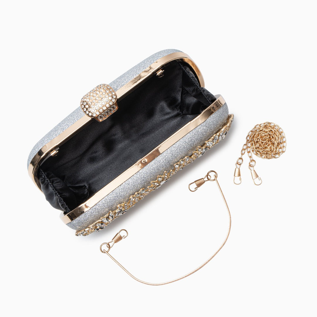 Elegant Gold Metallic Flower Clutch with Rhinestone Detailing