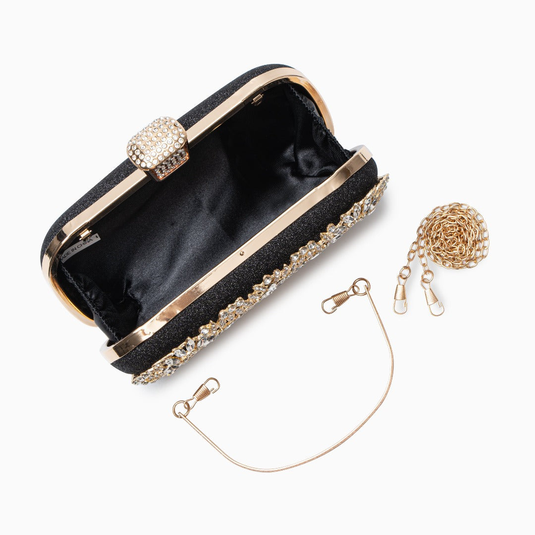 Elegant Gold Metallic Flower Clutch with Rhinestone Detailing
