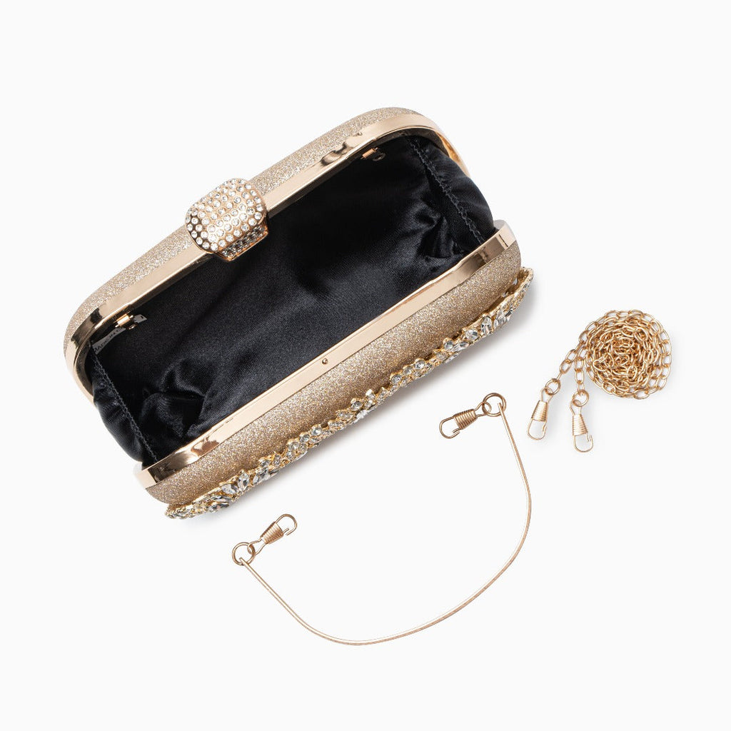 Elegant Gold Metallic Flower Clutch with Rhinestone Detailing