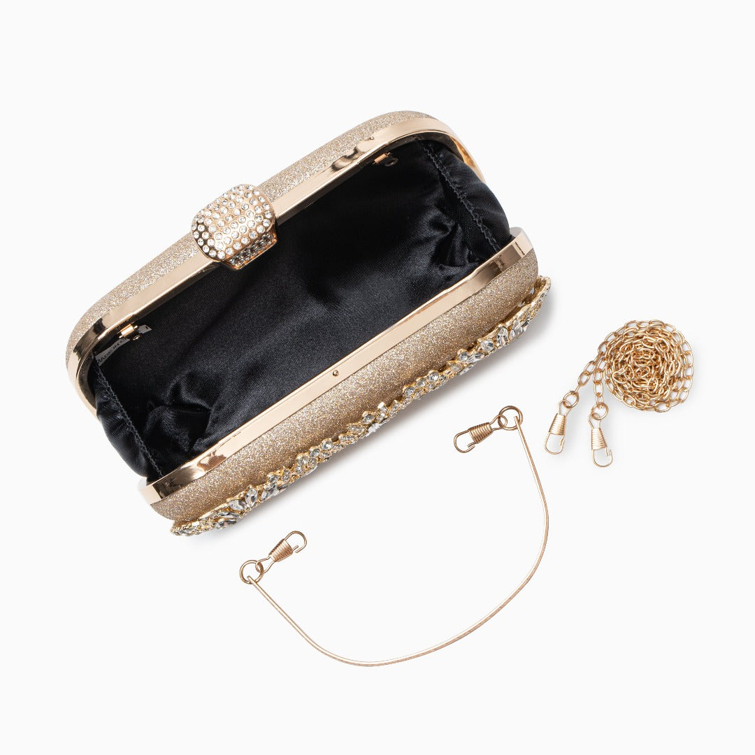 Elegant Gold Metallic Flower Clutch with Rhinestone Detailing