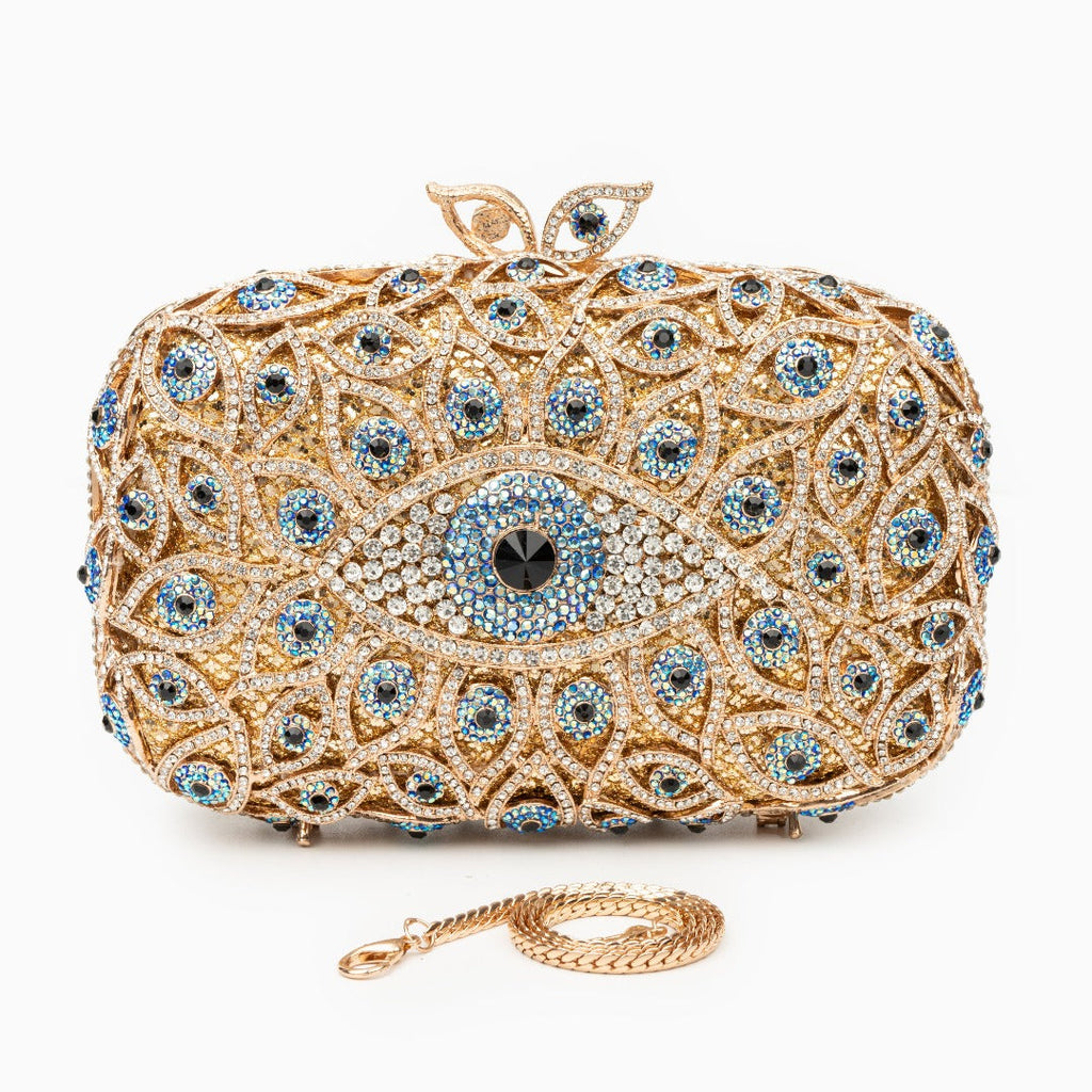 Gold Crystal Evil Eye Clutch Bag with Sparkling Rhinestones