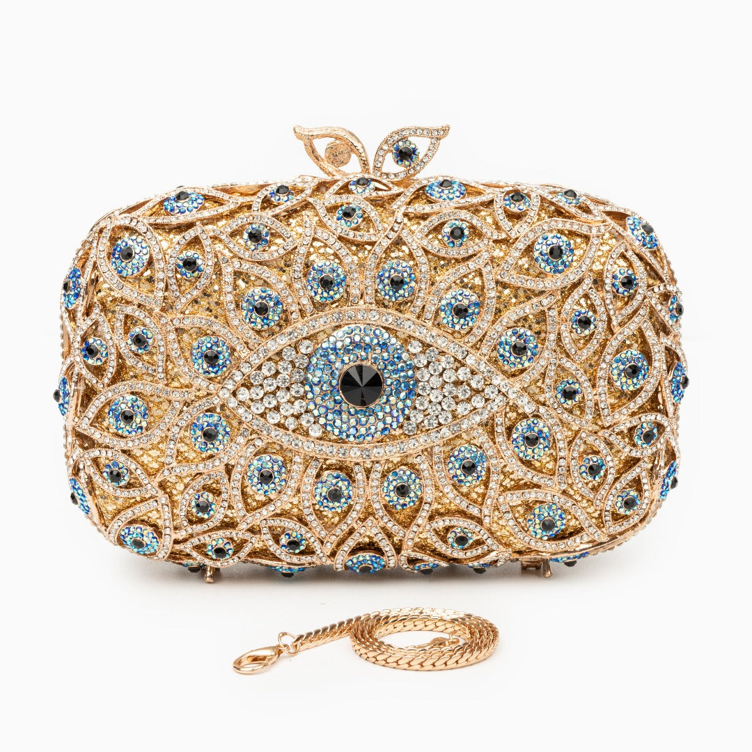 Gold Crystal Evil Eye Clutch Bag with Sparkling Rhinestones