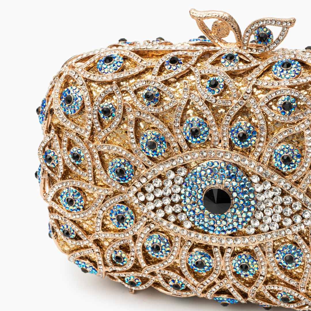 Gold Crystal Evil Eye Clutch Bag with Sparkling Rhinestones