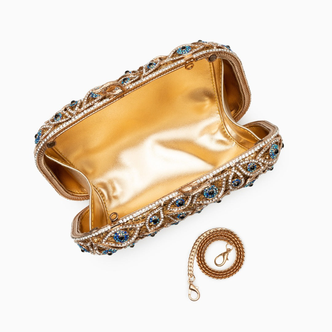 Gold Crystal Evil Eye Clutch Bag with Sparkling Rhinestones