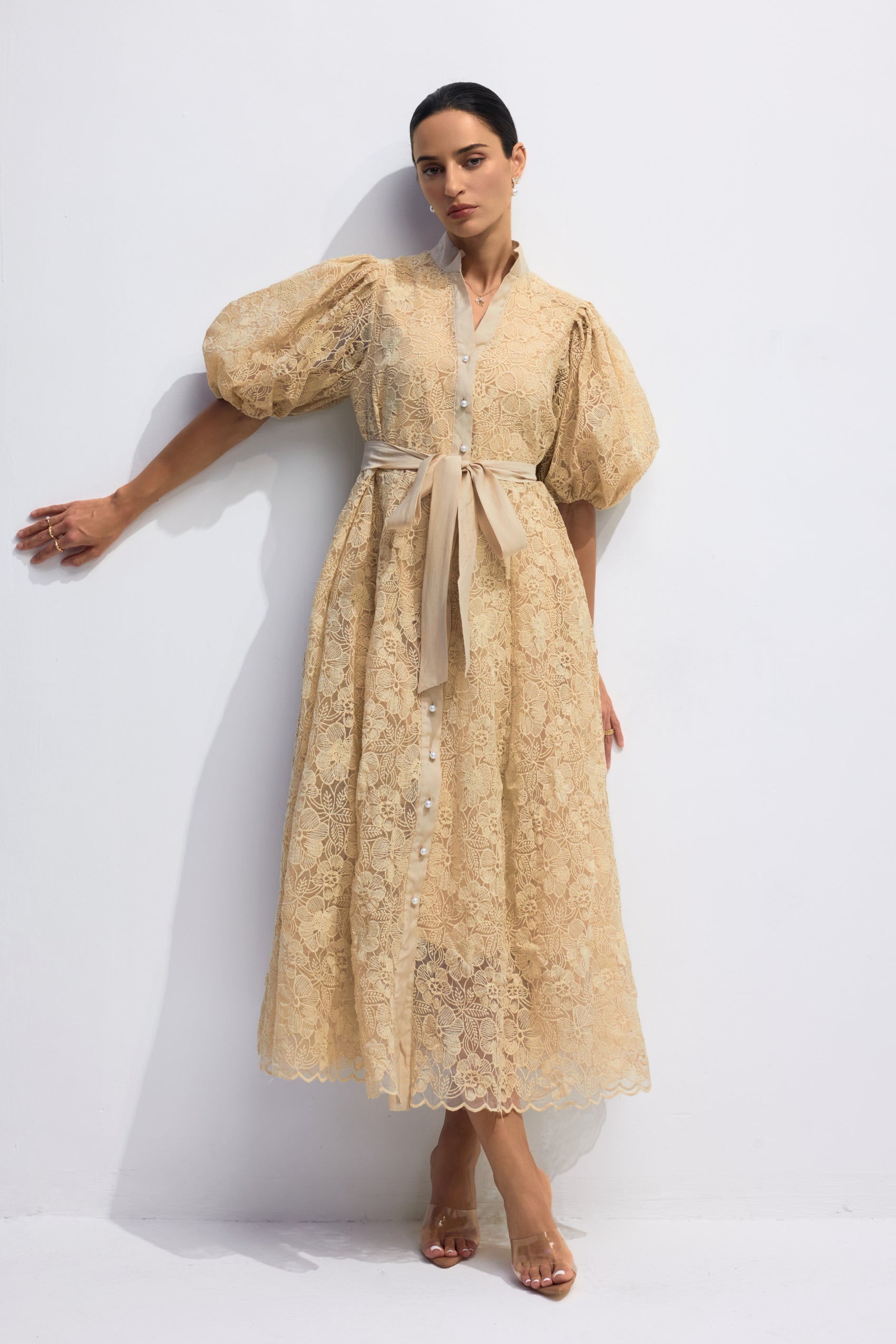 Elegant Diana Floral Embroidered Lace Belted Midi Dress