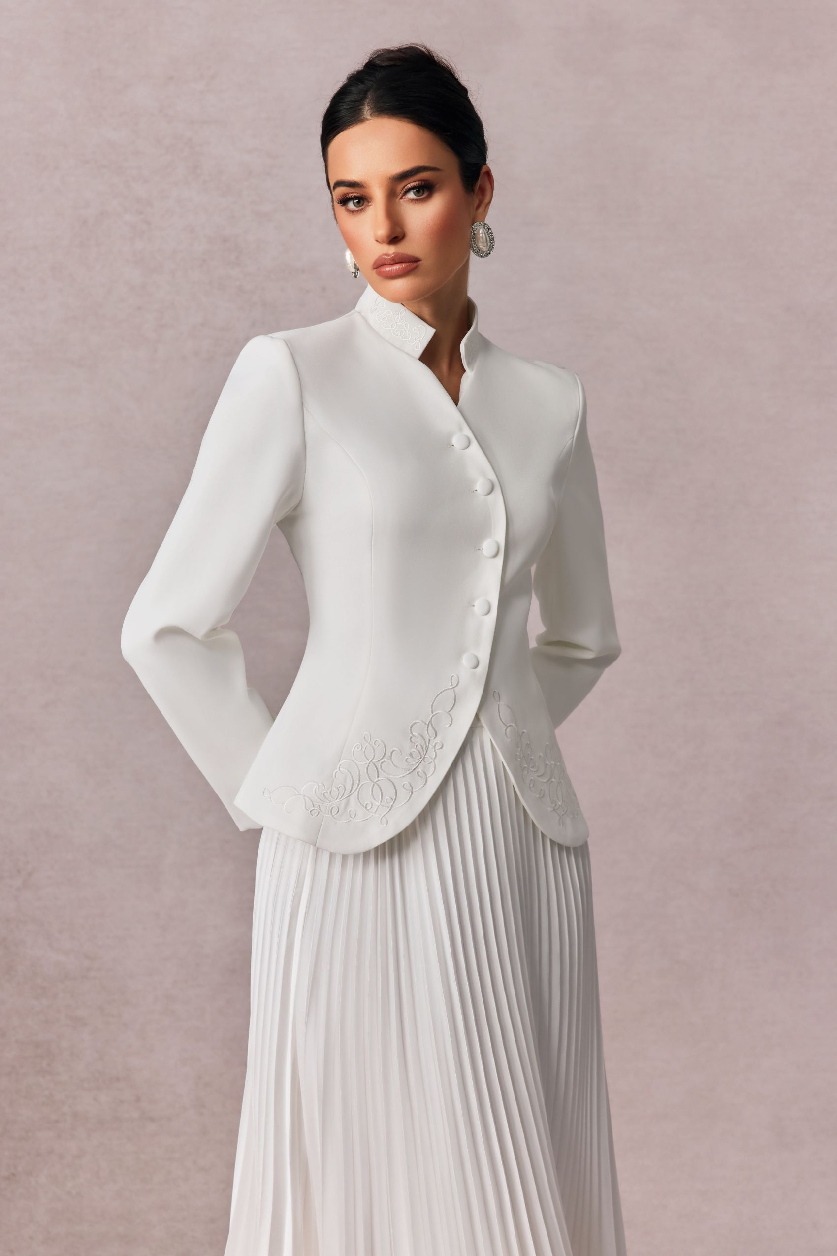 Elegant White Embroidered Blazer & Pleated Midi Skirt Set for Women