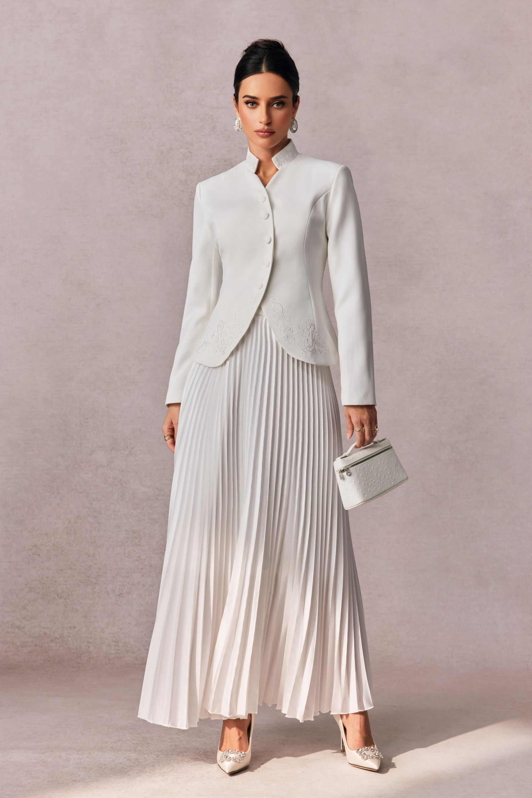Elegant White Embroidered Blazer & Pleated Midi Skirt Set for Women