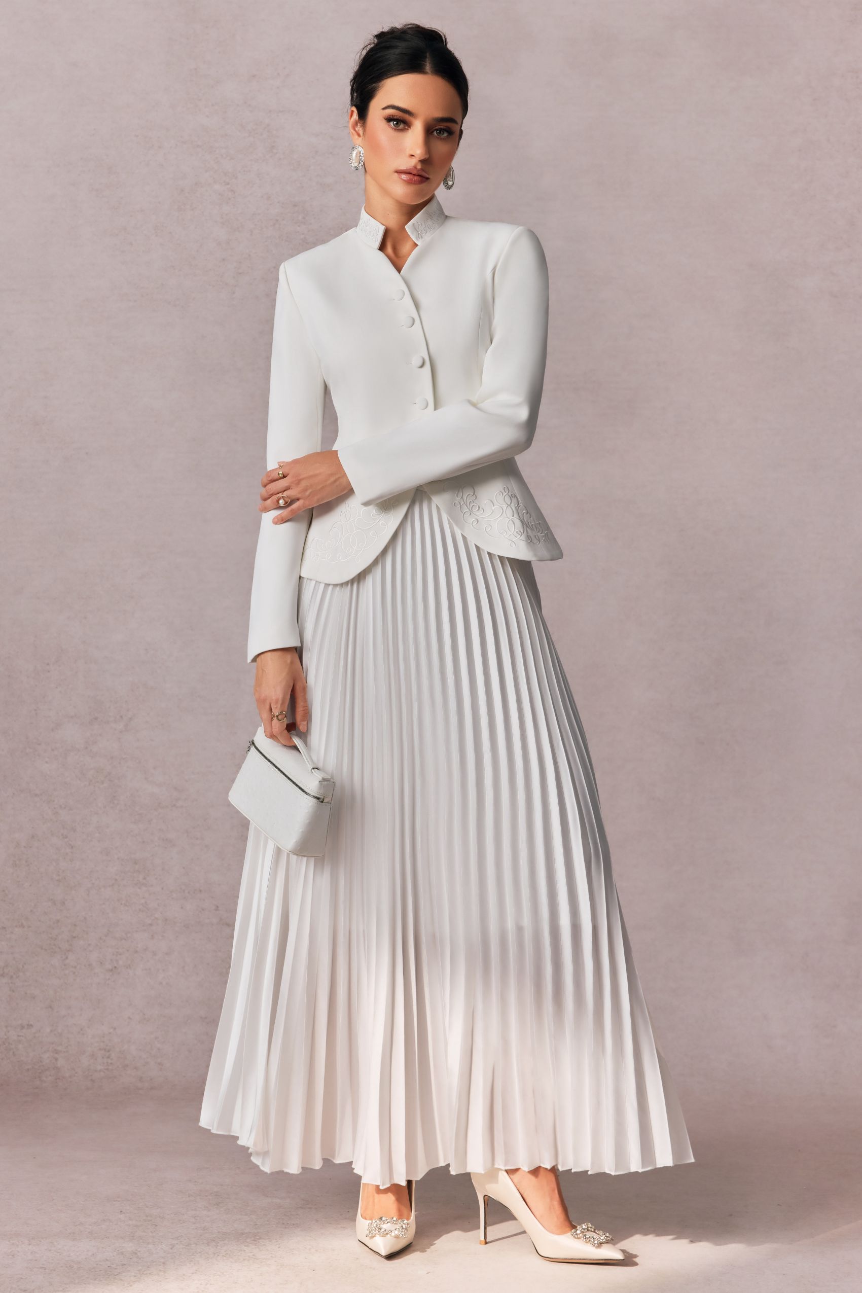 Elegant White Embroidered Blazer & Pleated Midi Skirt Set for Women