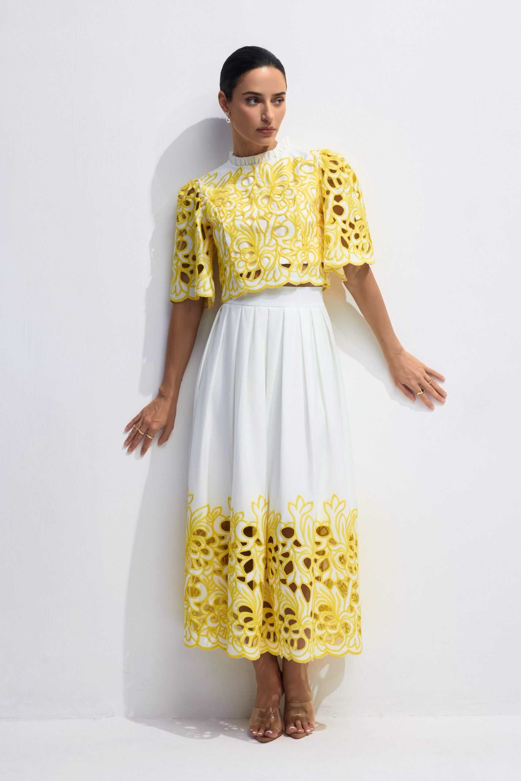 Elegant Floral Embroidered Two-Piece Set: Chic Puff Sleeve Crop Top & A-Line Skirt