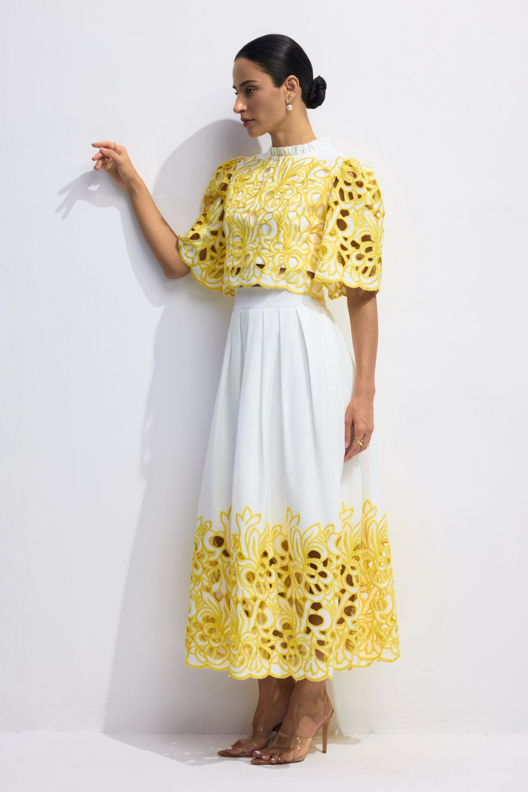 Elegant Floral Embroidered Two-Piece Set: Puff Sleeve Crop Top Skirt