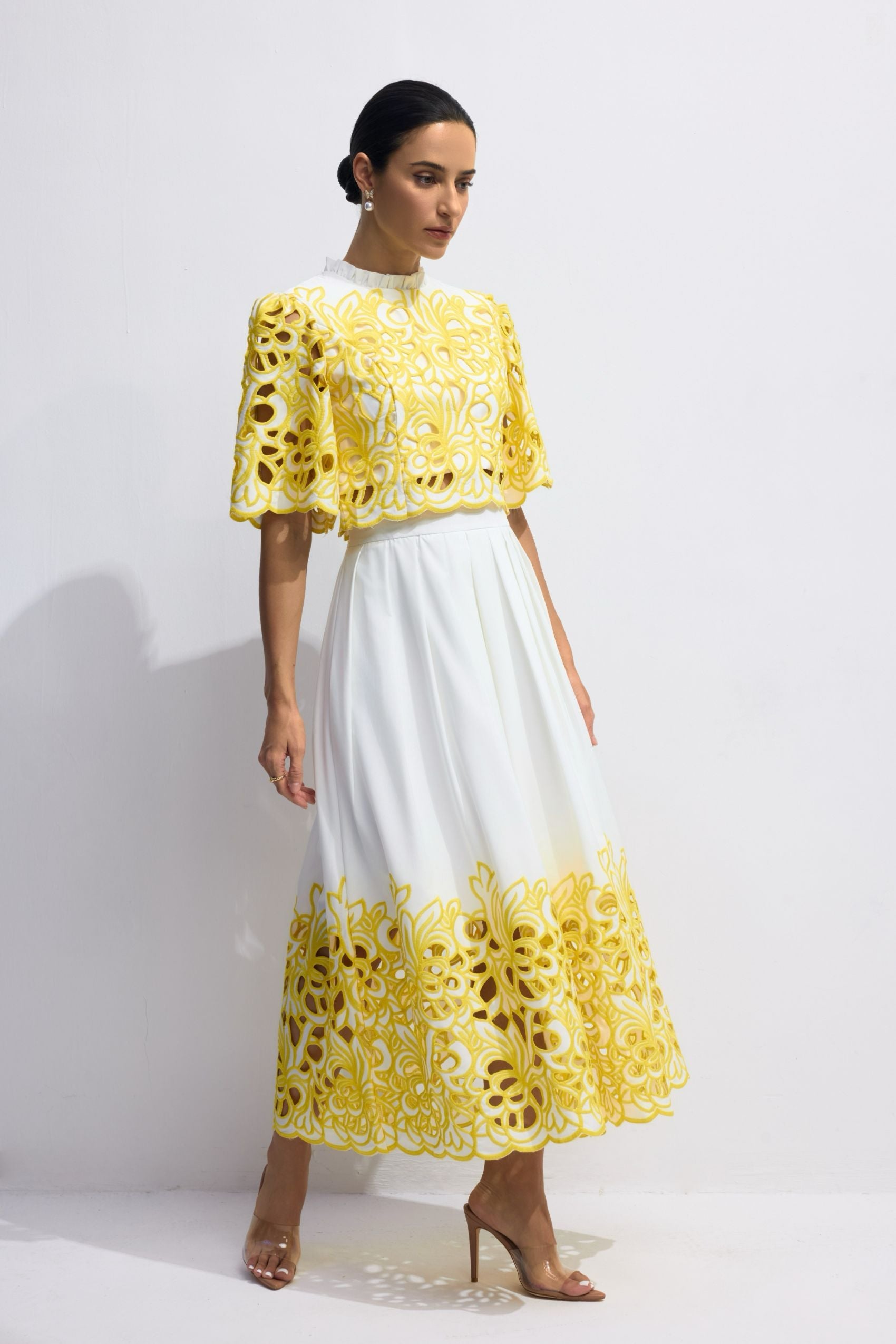 Elegant Floral Embroidered Two-Piece Set: Puff Sleeve Crop Top Skirt