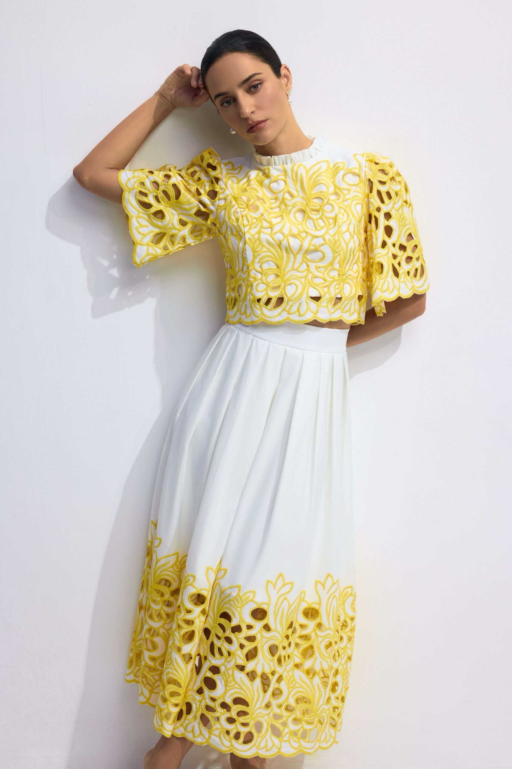 Elegant Floral Embroidered Two-Piece Set: Chic Puff Sleeve Crop Top & A-Line Skirt