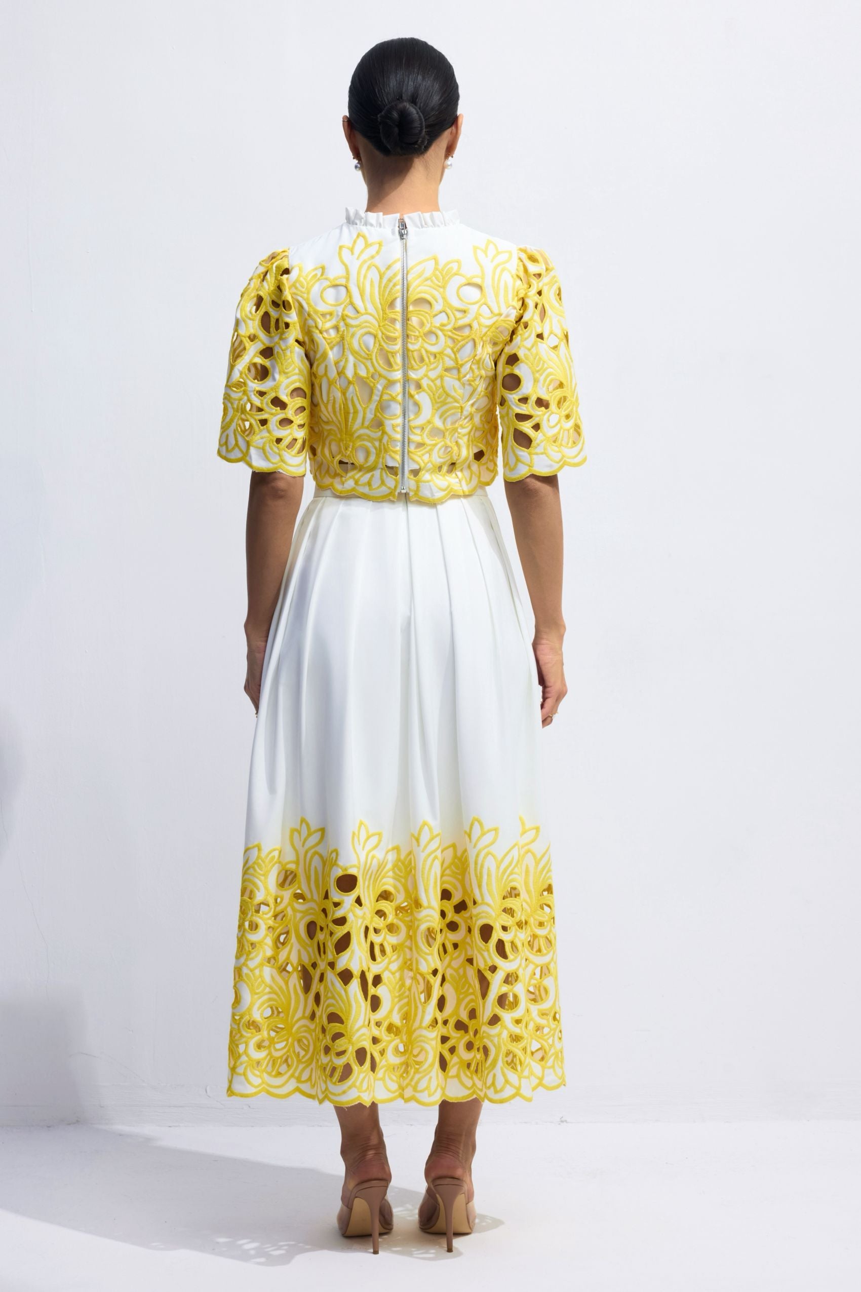 Elegant Floral Embroidered Two-Piece Set: Puff Sleeve Crop Top Skirt