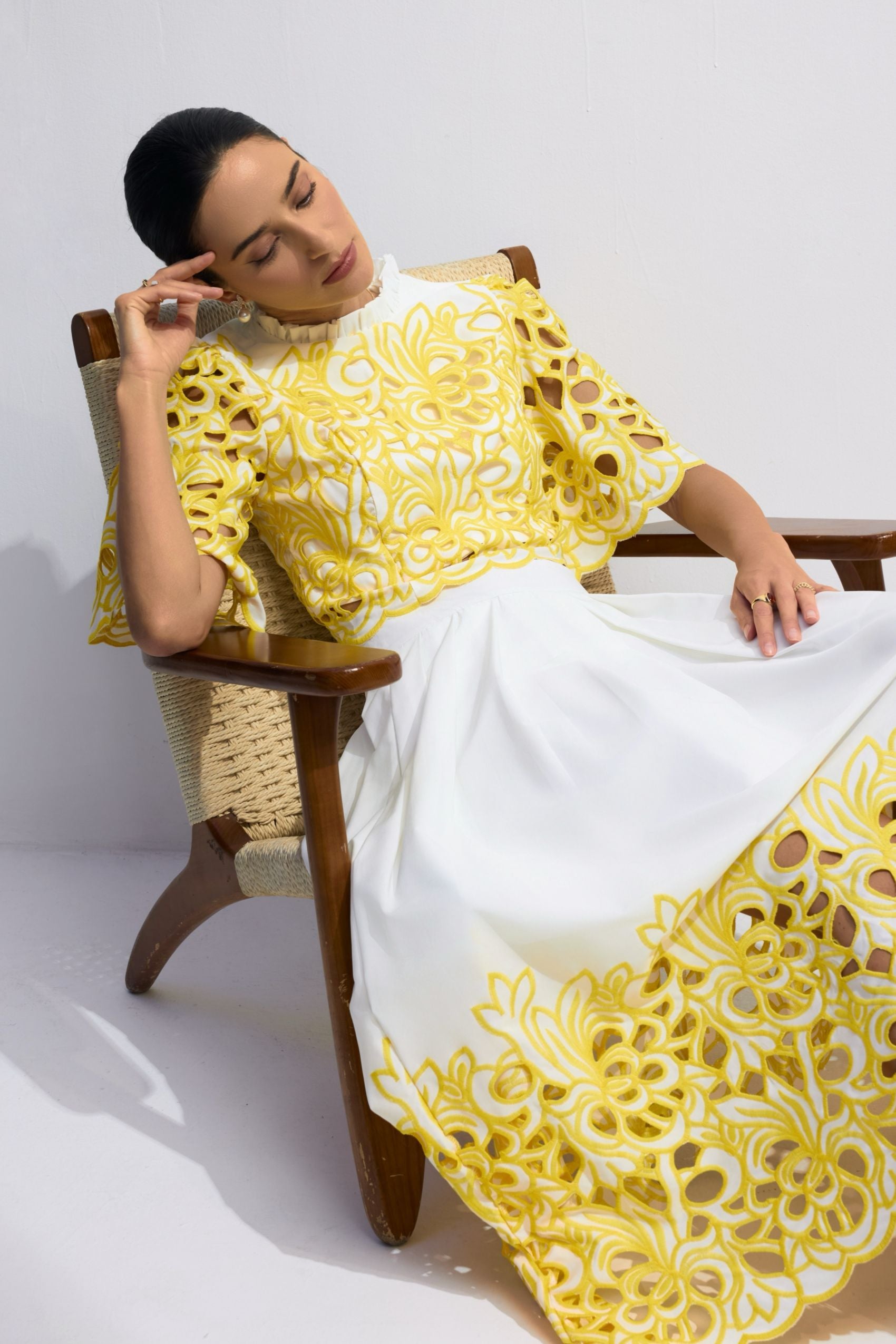 Elegant Floral Embroidered Two-Piece Set: Puff Sleeve Crop Top Skirt