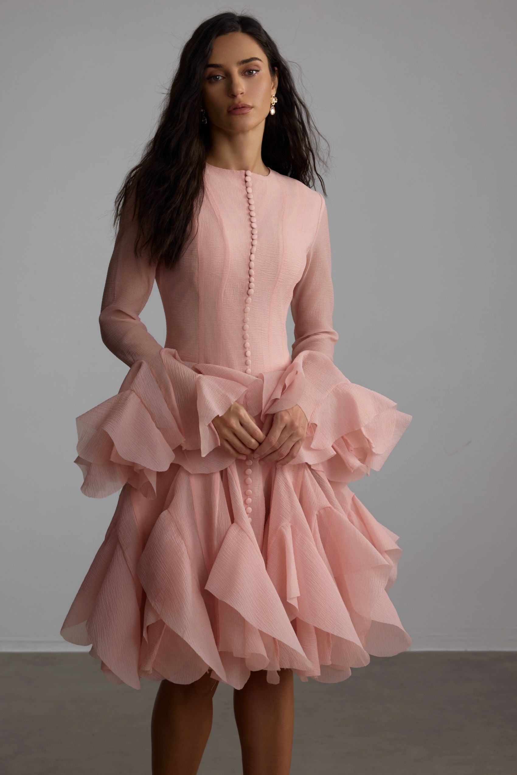 Gloria Elegant Long Sleeve Flared Hem Midi Dress for Fall Events
