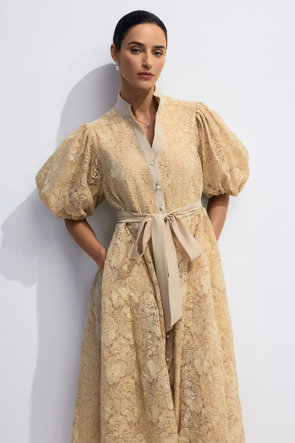 Elegant Diana Floral Embroidered Lace Belted Midi Dress