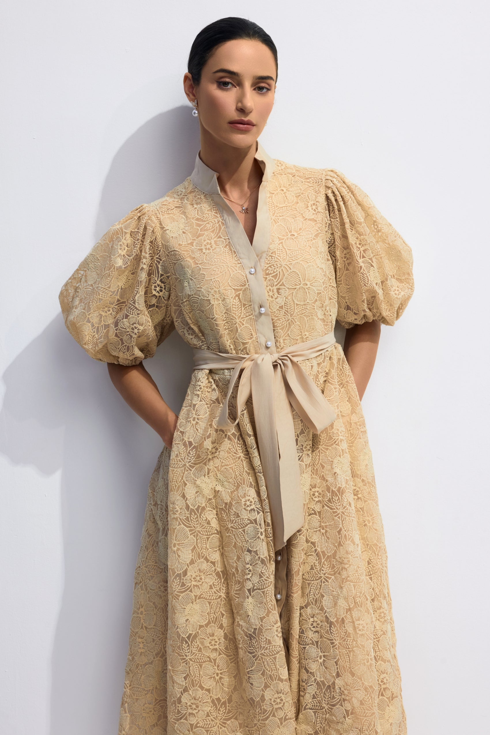 Elegant Diana Floral Embroidered Lace Belted Midi Dress