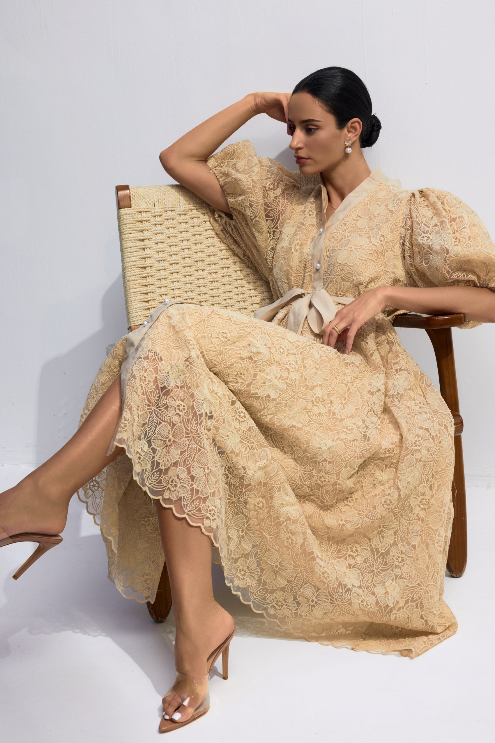 Elegant Diana Floral Embroidered Lace Belted Midi Dress