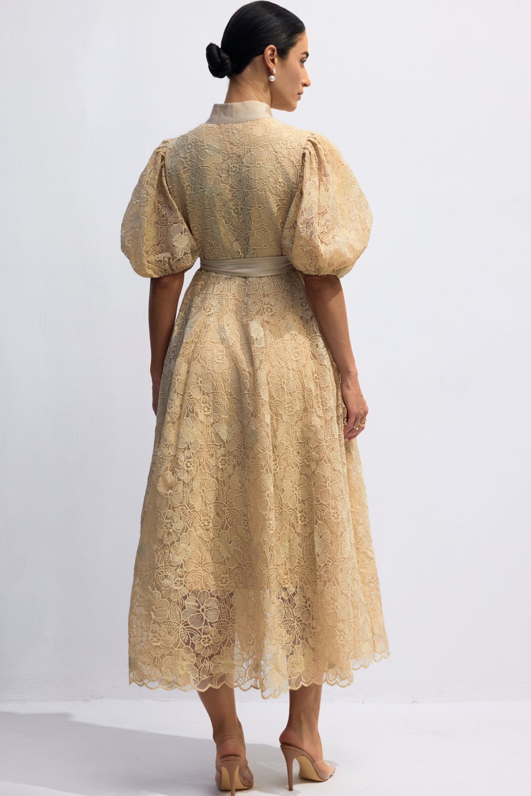 Elegant Diana Floral Embroidered Lace Belted Midi Dress