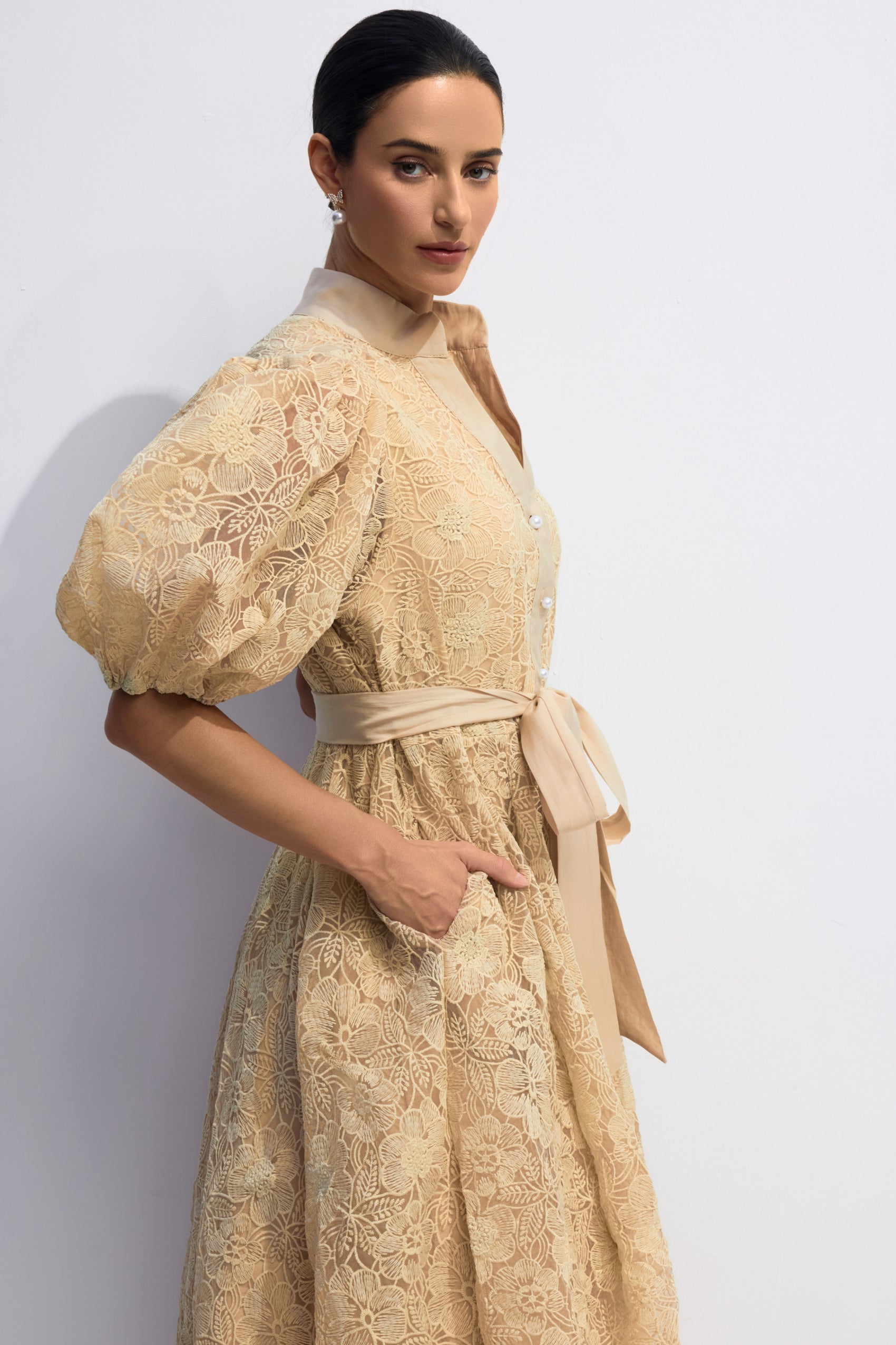 Elegant Diana Floral Embroidered Lace Belted Midi Dress