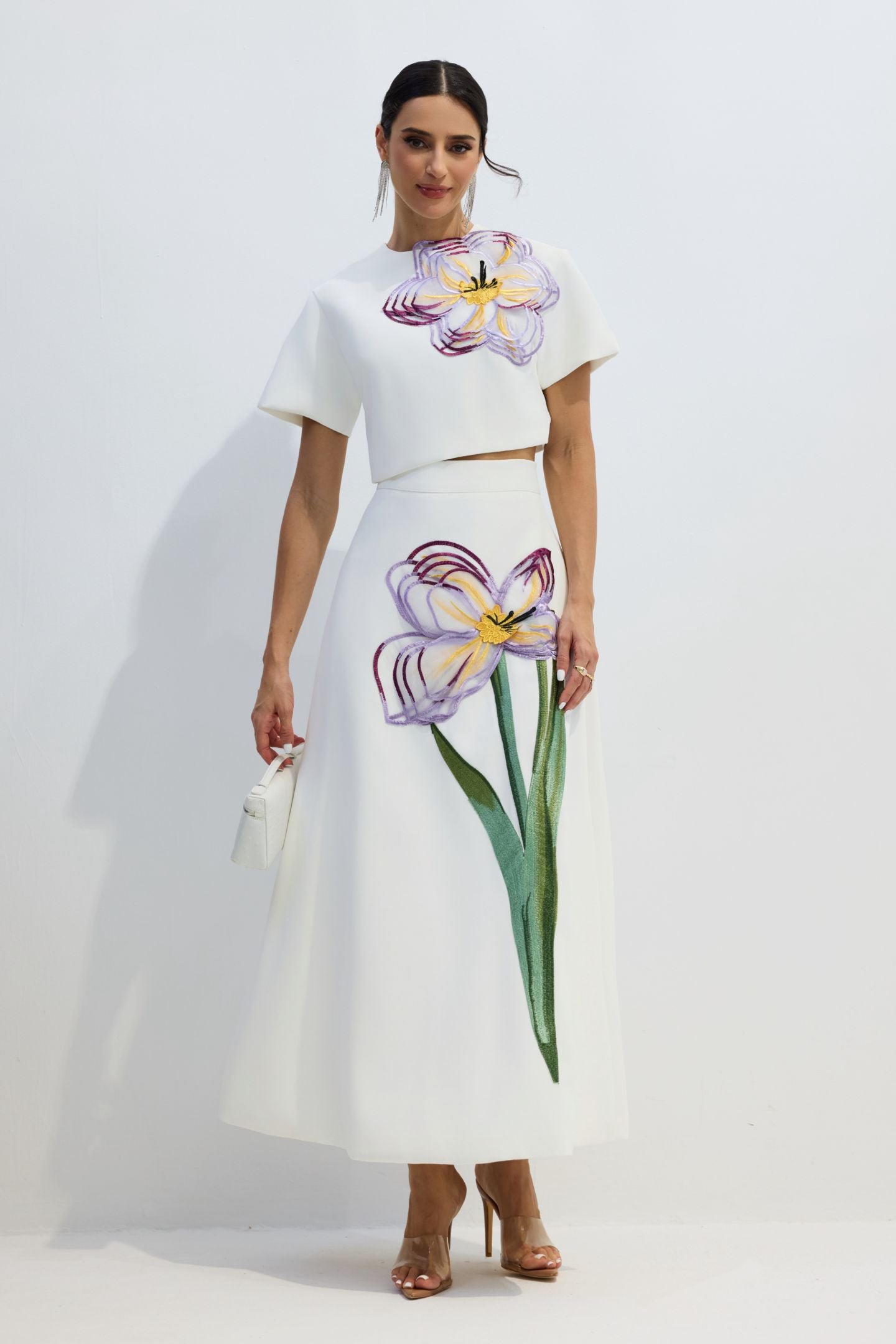 Elegant White Floral Appliqué Short Sleeve Top and A-Line Skirt Set