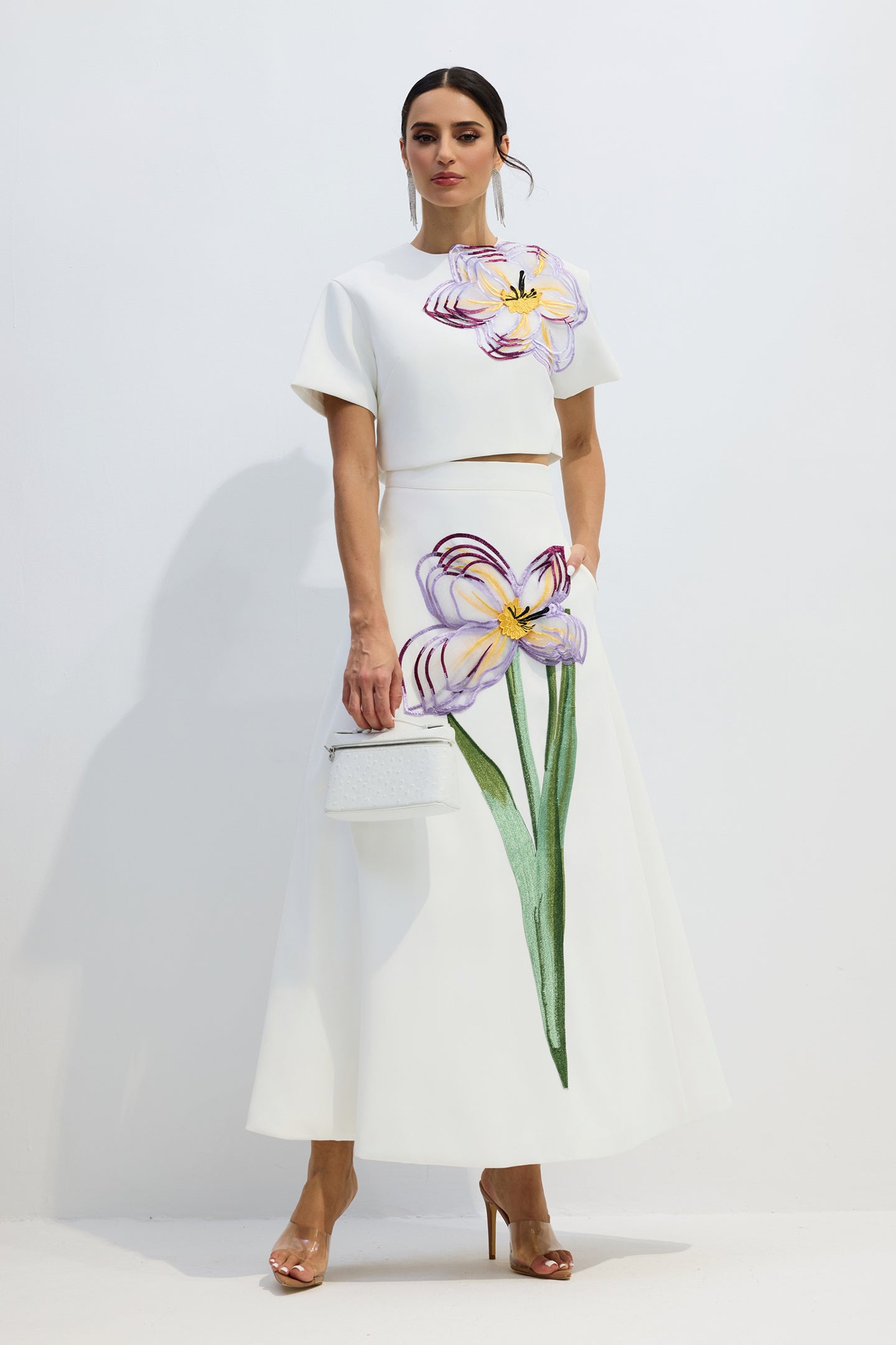 Elegant White Floral Appliqué Short Sleeve Top and A-Line Skirt Set