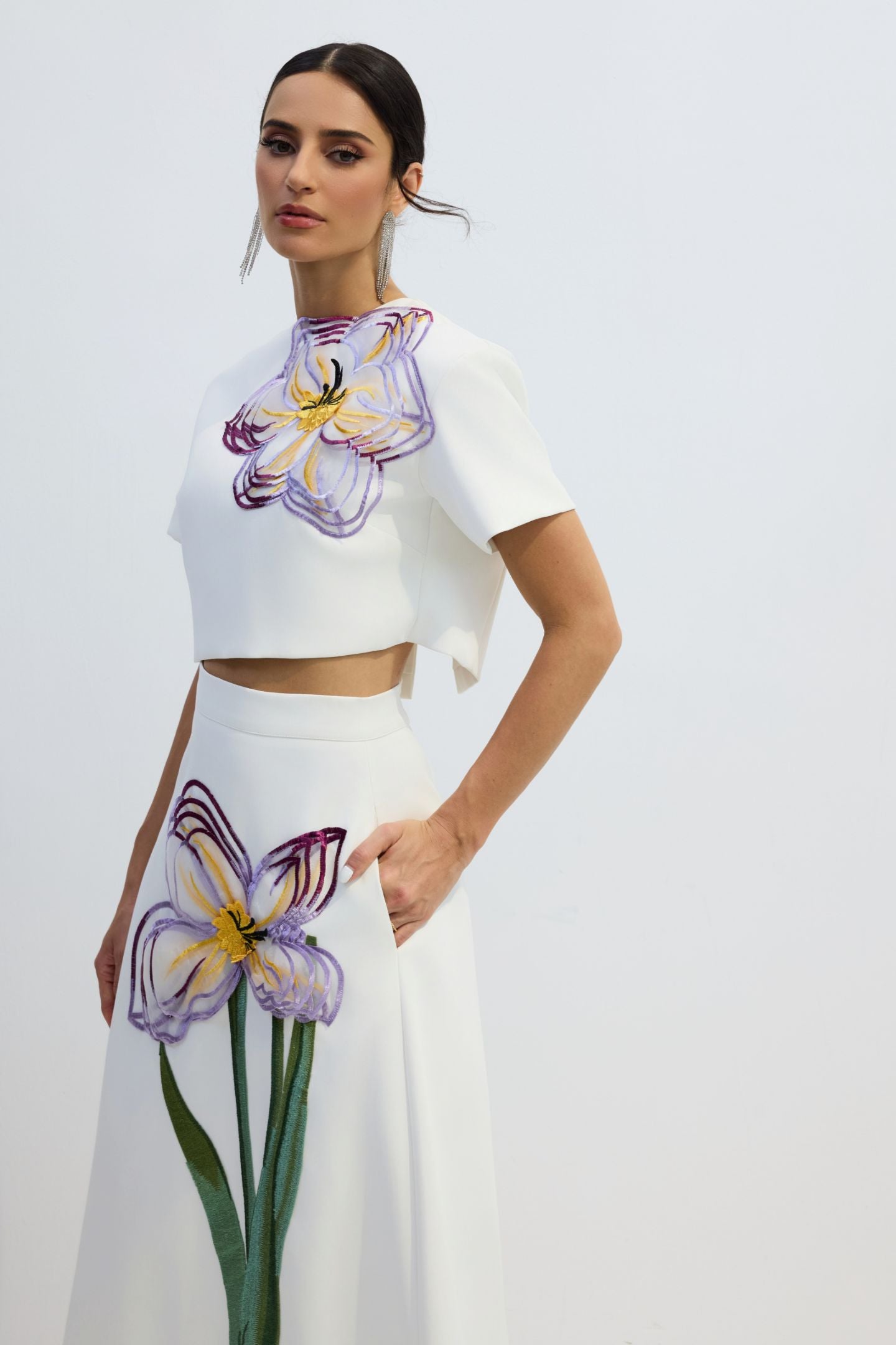 Elegant White Floral Appliqué Short Sleeve Top and A-Line Skirt Set