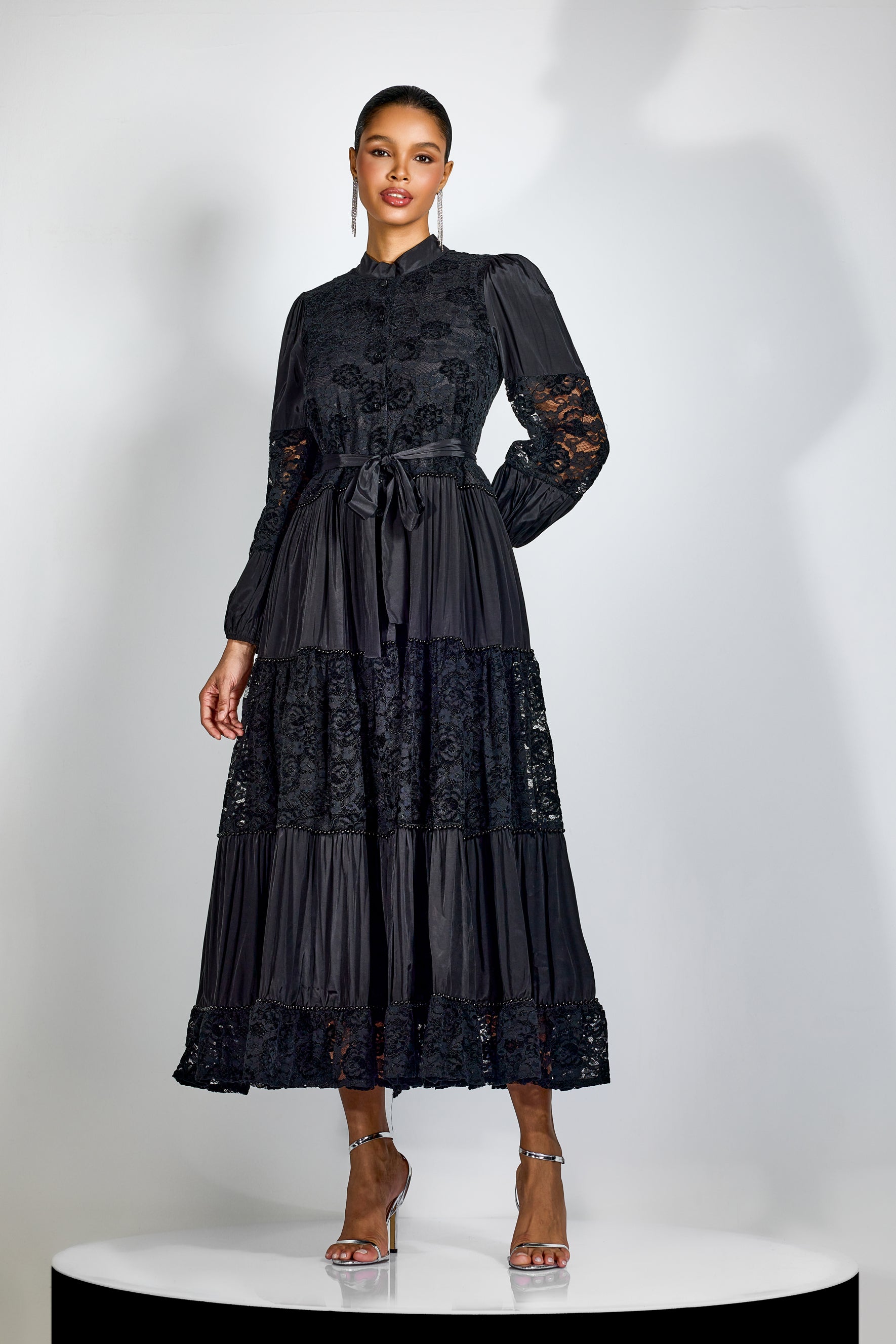 Elegant Black Lace Panel Long Sleeve Midi Dress with High Neck