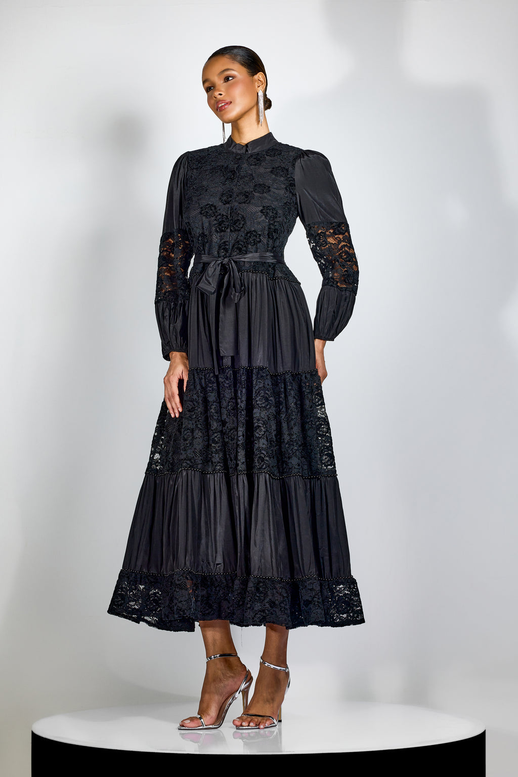 Elegant Black Lace Panel Long Sleeve Midi Dress with High Neck