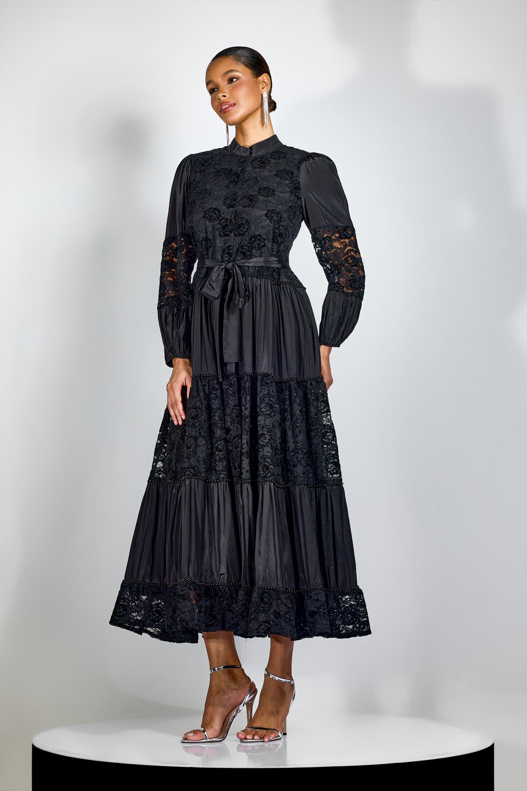 Elegant Black Lace Panel Long Sleeve Midi Dress with High Neck