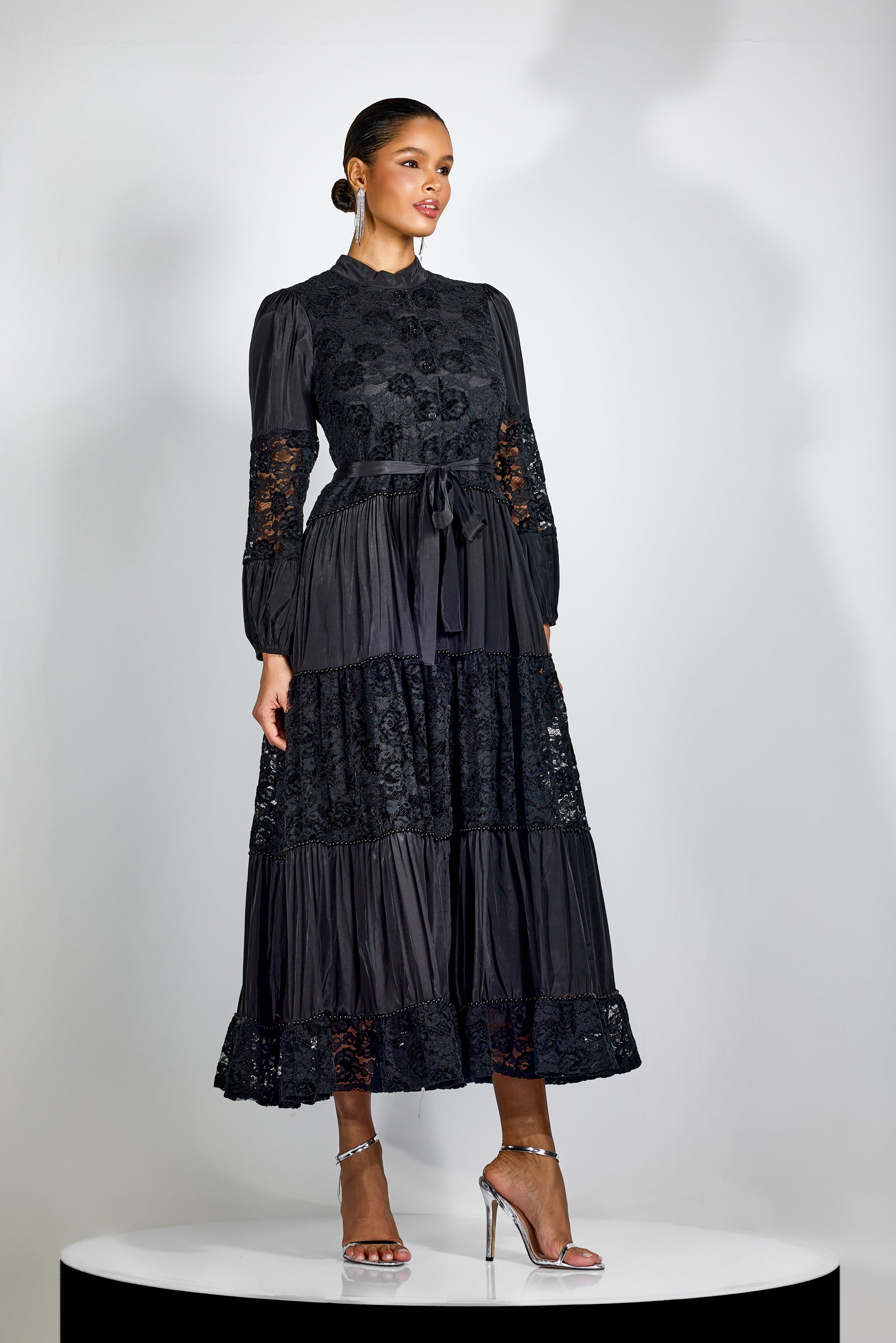 Elegant Black Lace Panel Long Sleeve Midi Dress with High Neck