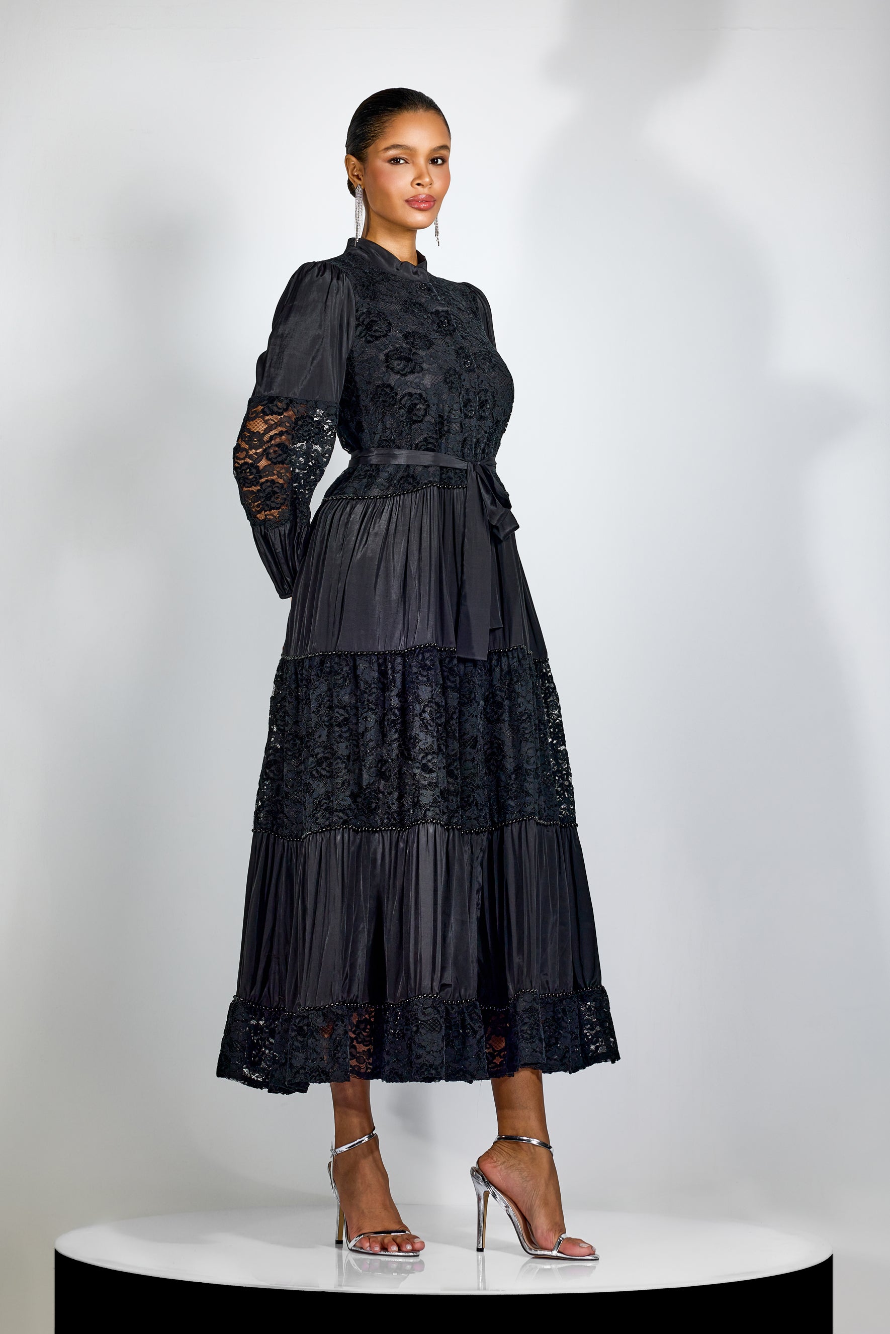 Elegant Black Lace Panel Long Sleeve Midi Dress with High Neck