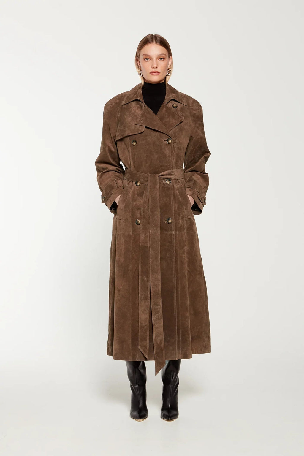 Brown Faux Suede Belted Trench Coat – Chic Autumn Essential