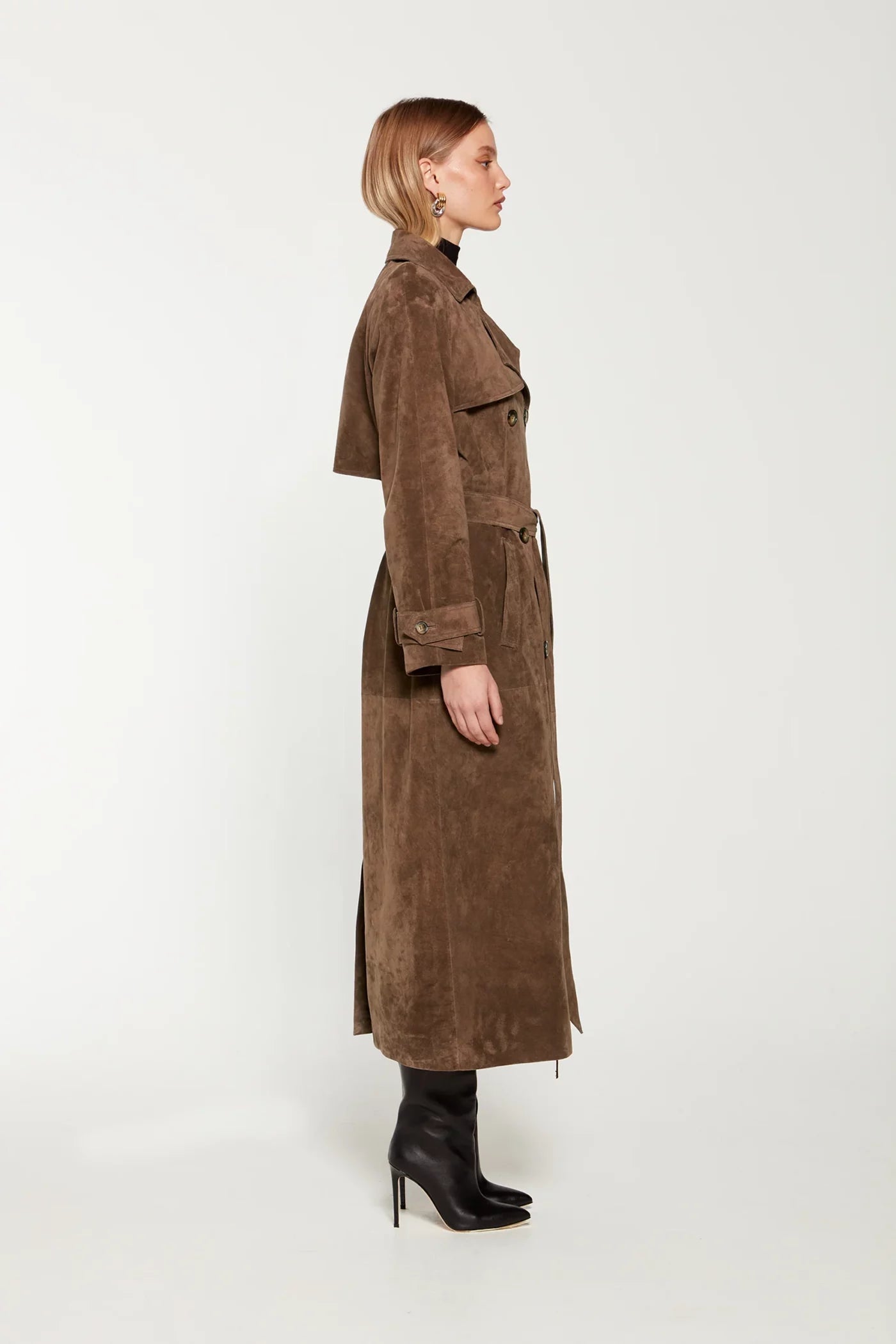 Brown Faux Suede Belted Trench Coat – Chic Autumn Essential