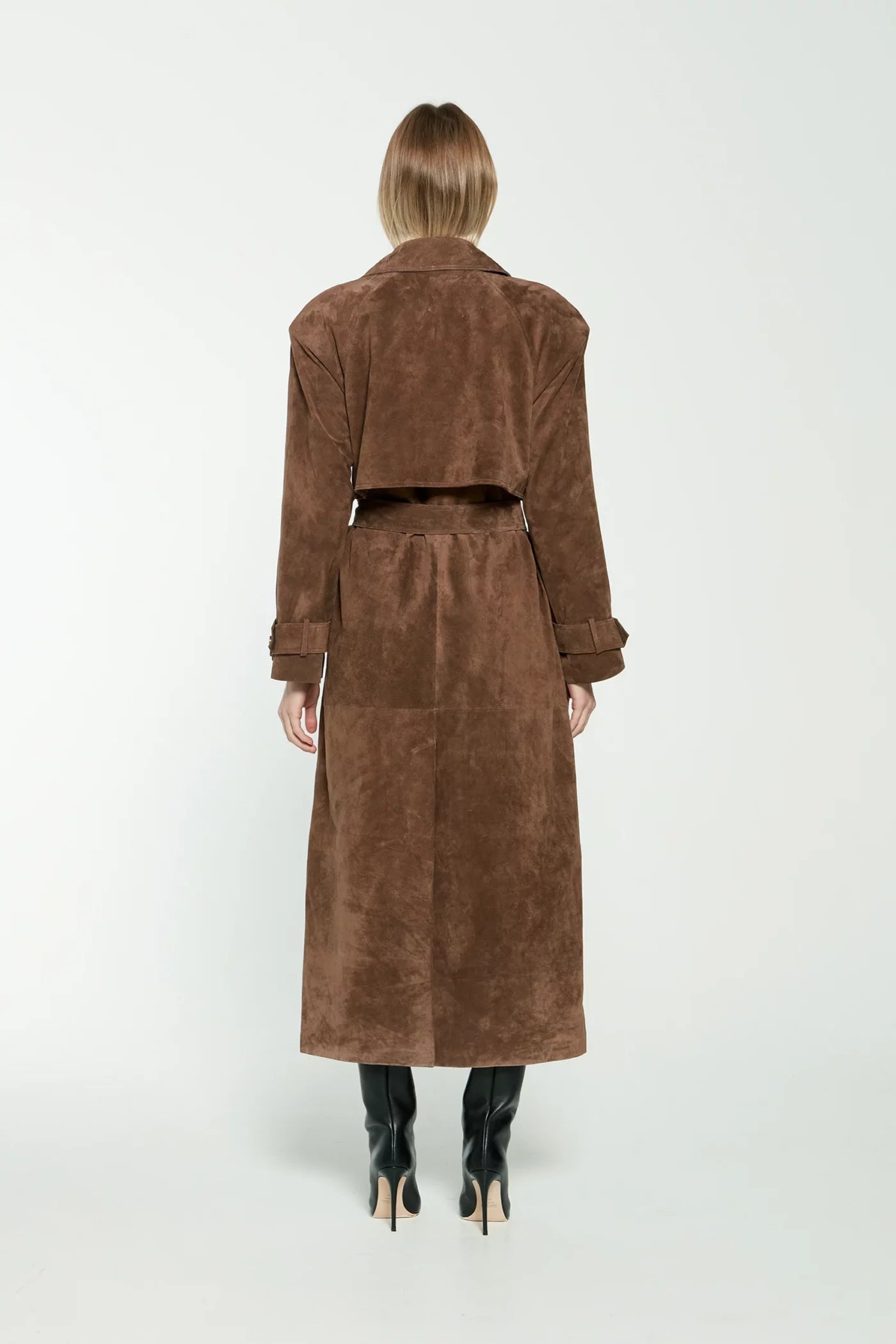 Brown Faux Suede Belted Trench Coat – Chic Autumn Essential