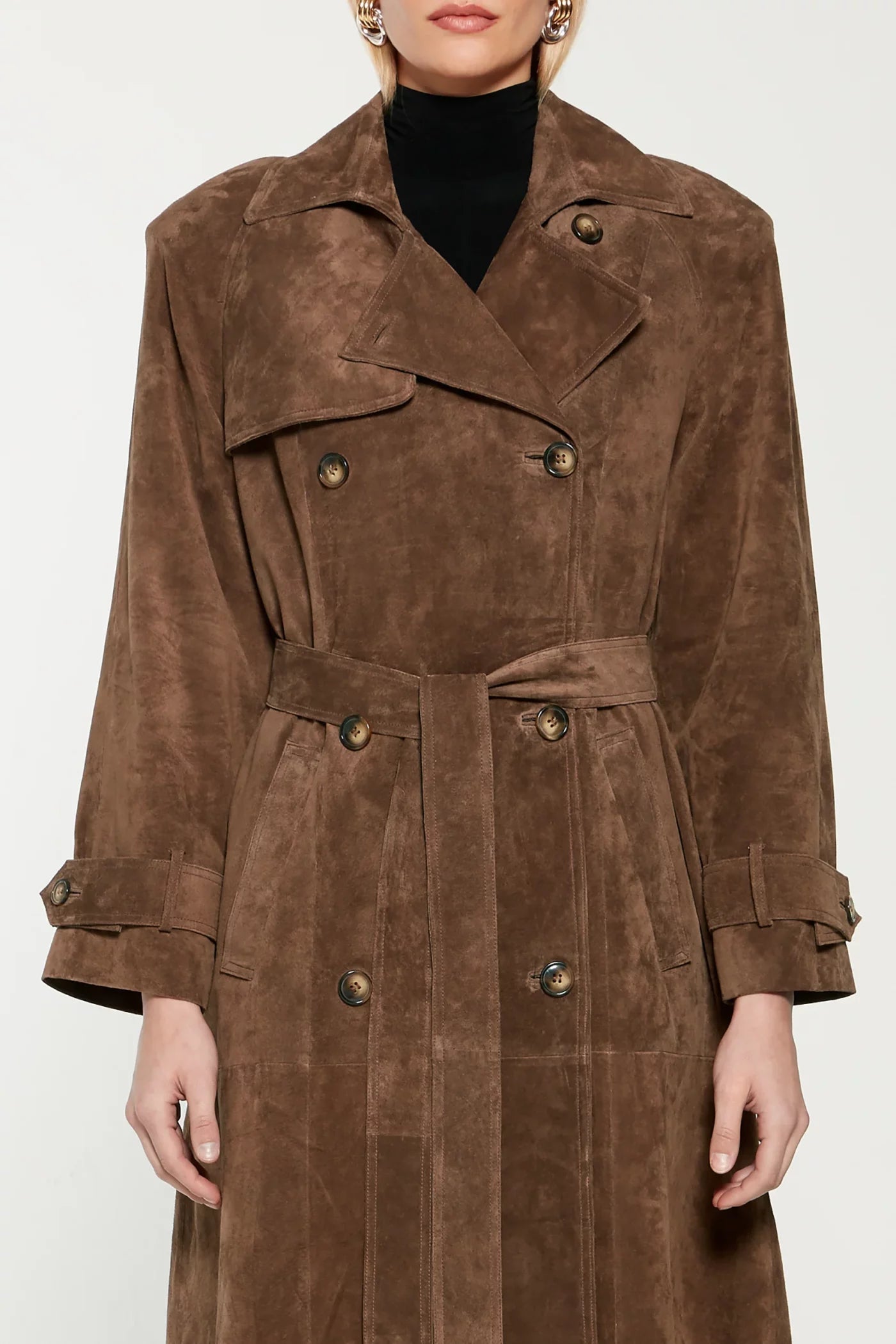 Brown Faux Suede Belted Trench Coat – Chic Autumn Essential
