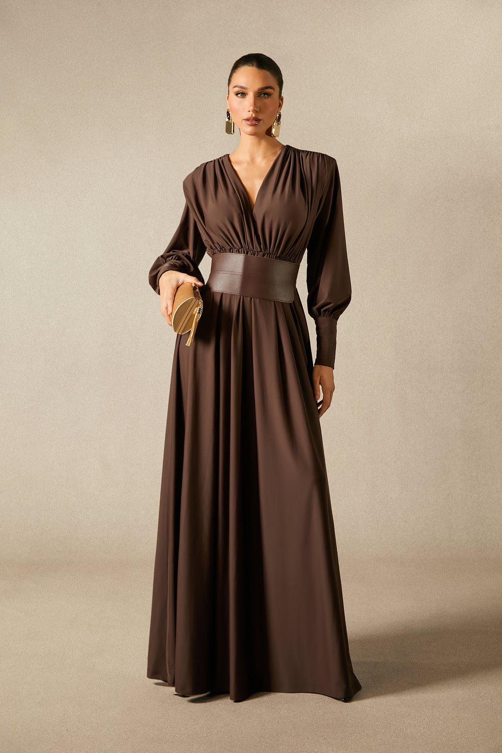 Renata Elegant Plunge V-Neck Long Sleeve Maxi Dress with Belt