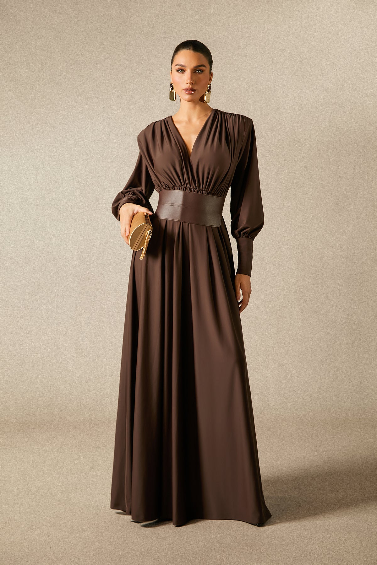 Renata Elegant Plunge V-Neck Long Sleeve Maxi Dress with Belt