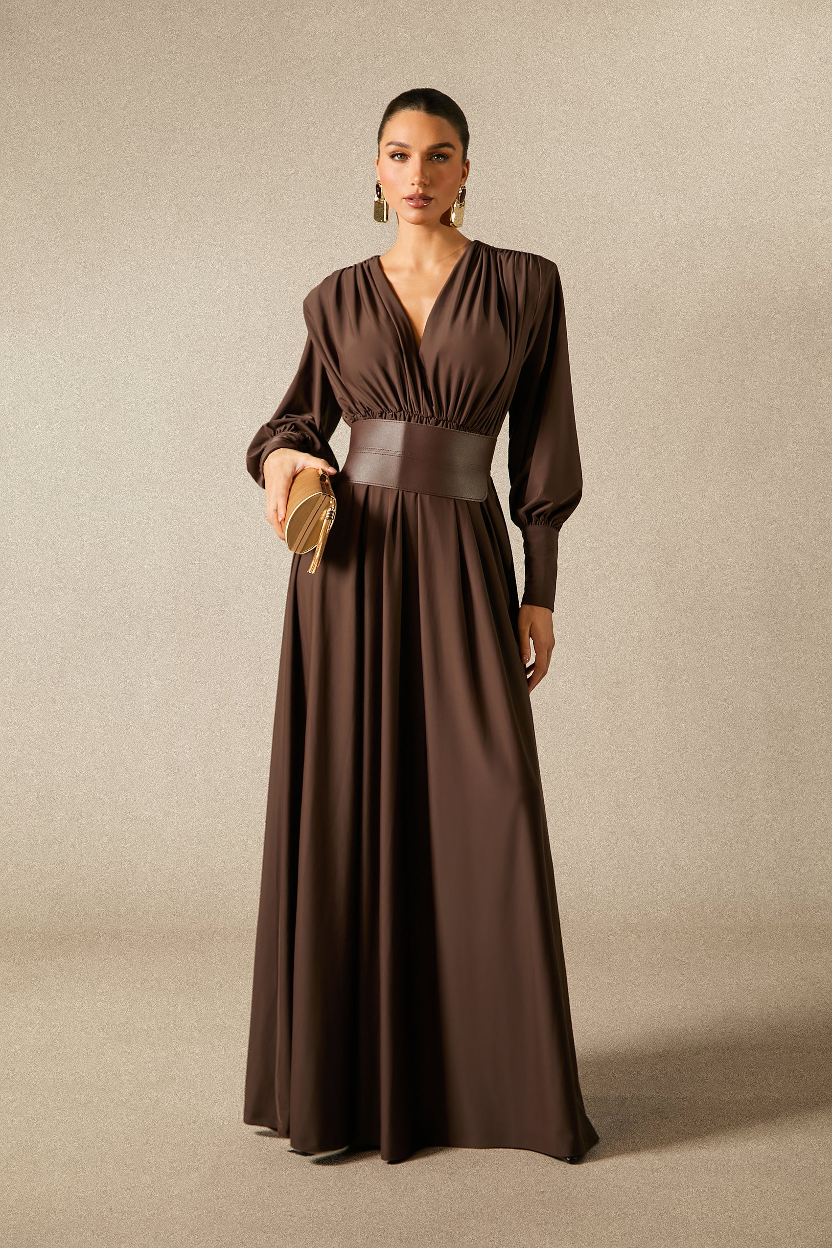 Renata Elegant Plunge V-Neck Long Sleeve Maxi Dress with Belt