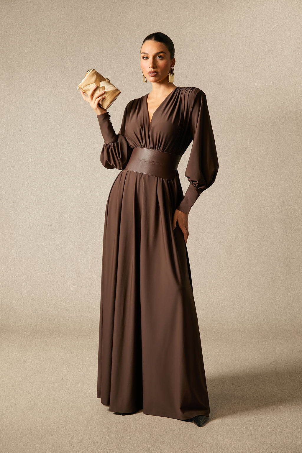 Renata Elegant Plunge V-Neck Long Sleeve Maxi Dress with Belt
