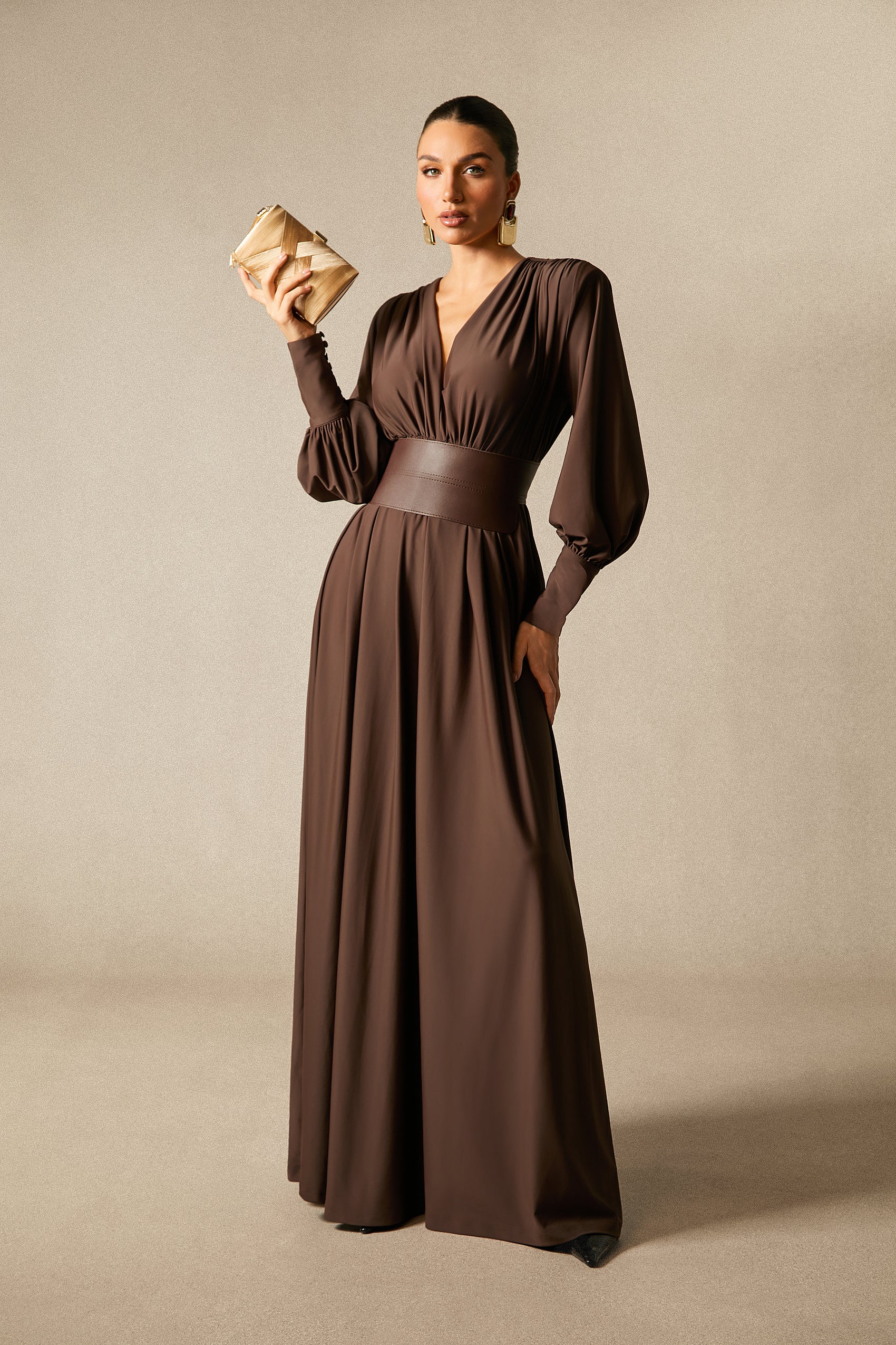 Renata Elegant Plunge V-Neck Long Sleeve Maxi Dress with Belt