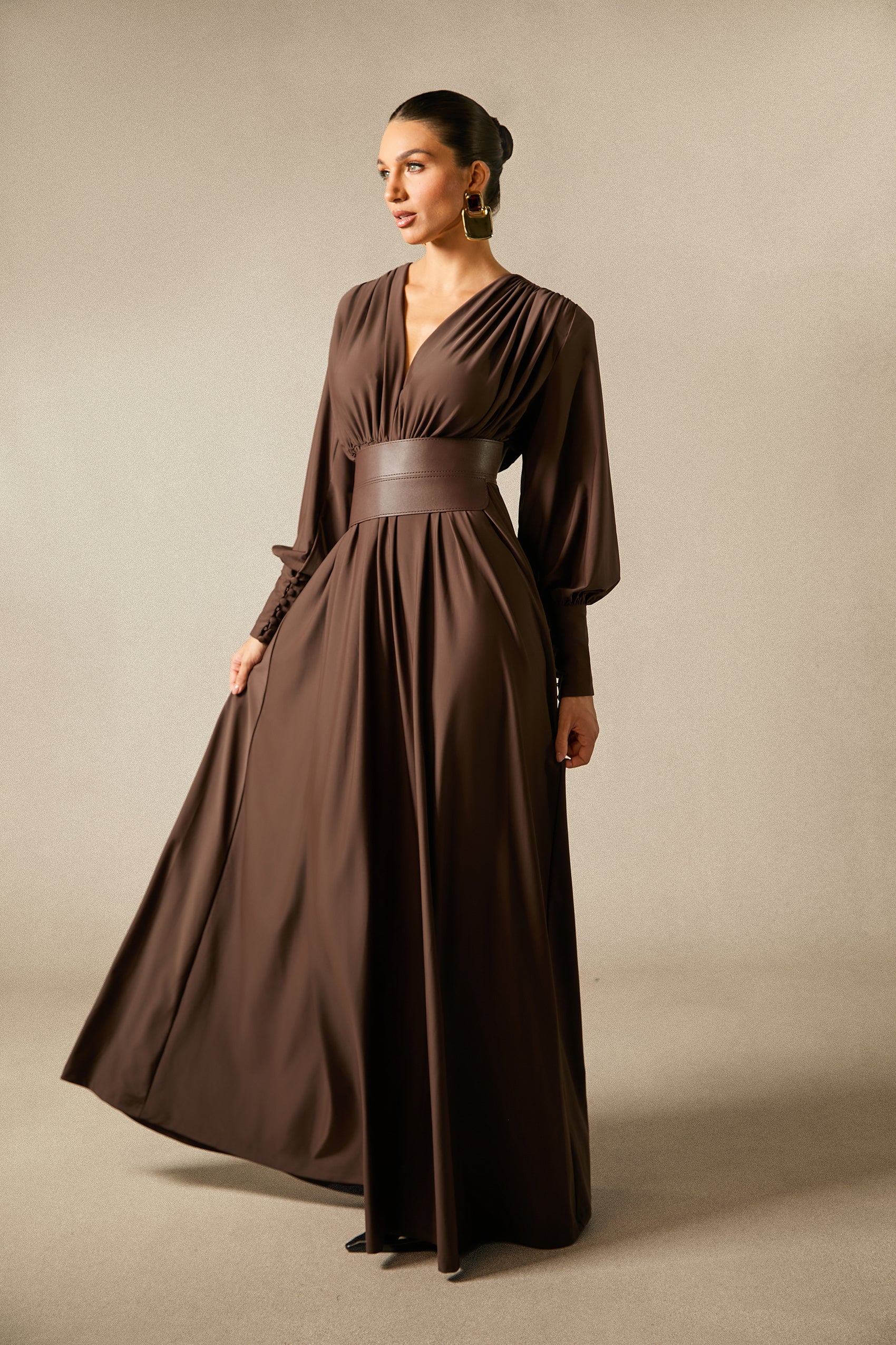 Renata Elegant Plunge V-Neck Long Sleeve Maxi Dress with Belt