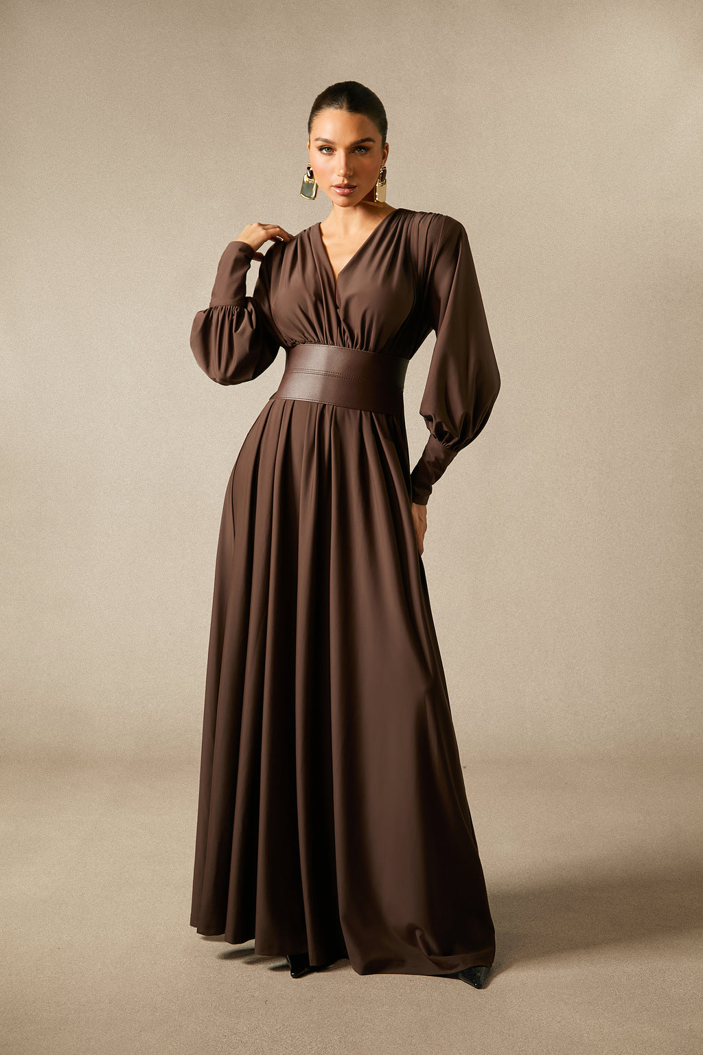 Renata Elegant Plunge V-Neck Long Sleeve Maxi Dress with Belt