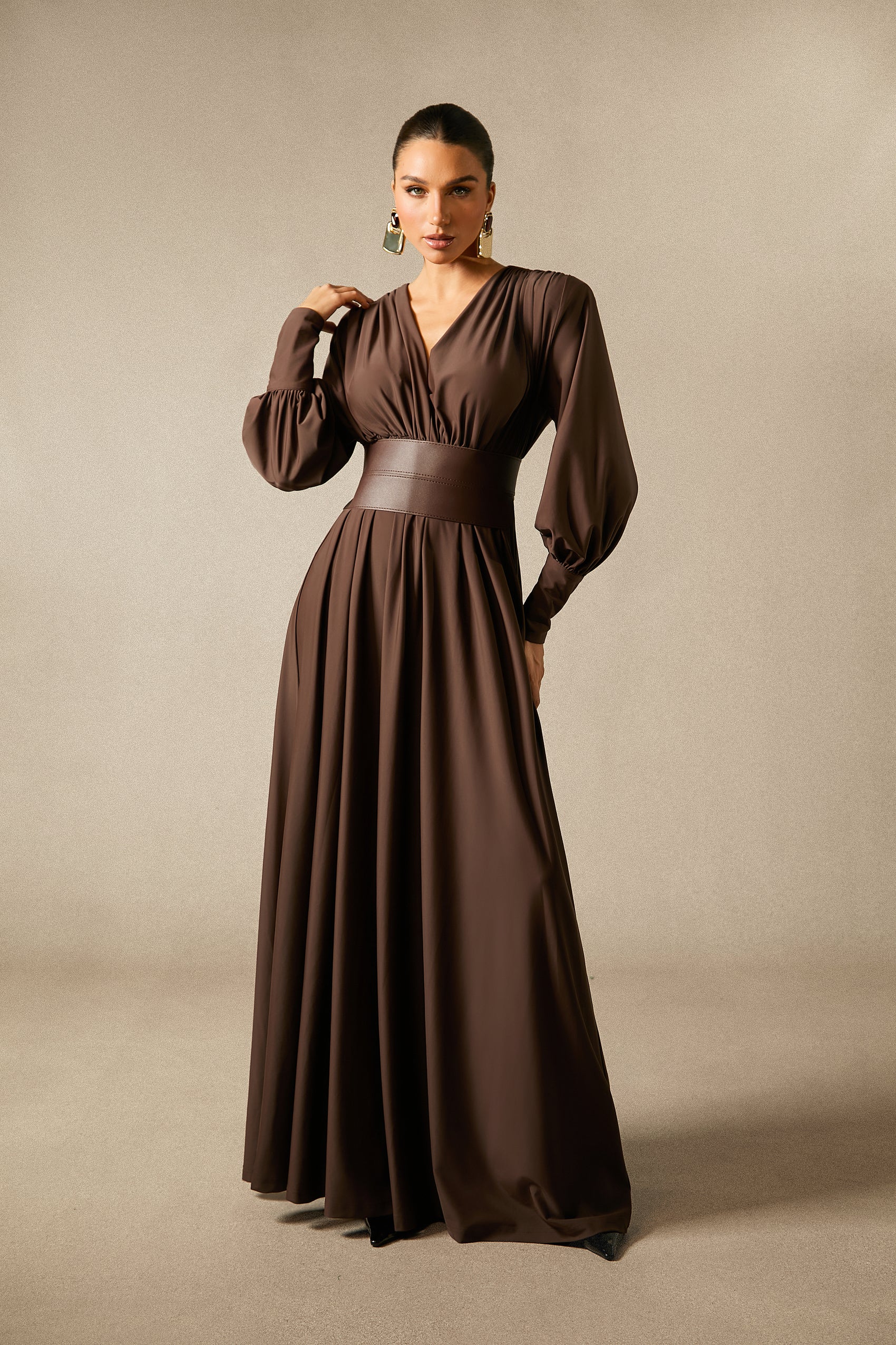 Renata Elegant Plunge V-Neck Long Sleeve Maxi Dress with Belt