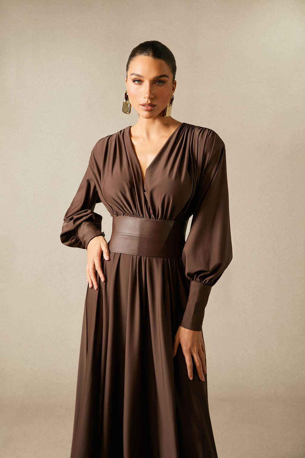 Renata Elegant Plunge V-Neck Long Sleeve Maxi Dress with Belt