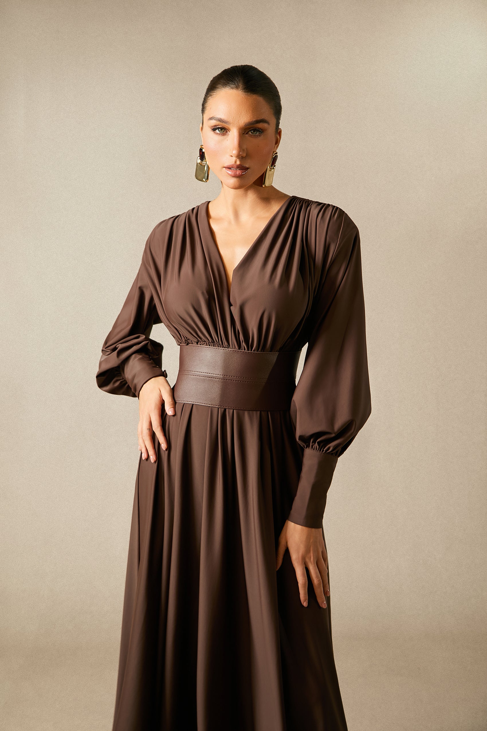 Renata Elegant Plunge V-Neck Long Sleeve Maxi Dress with Belt