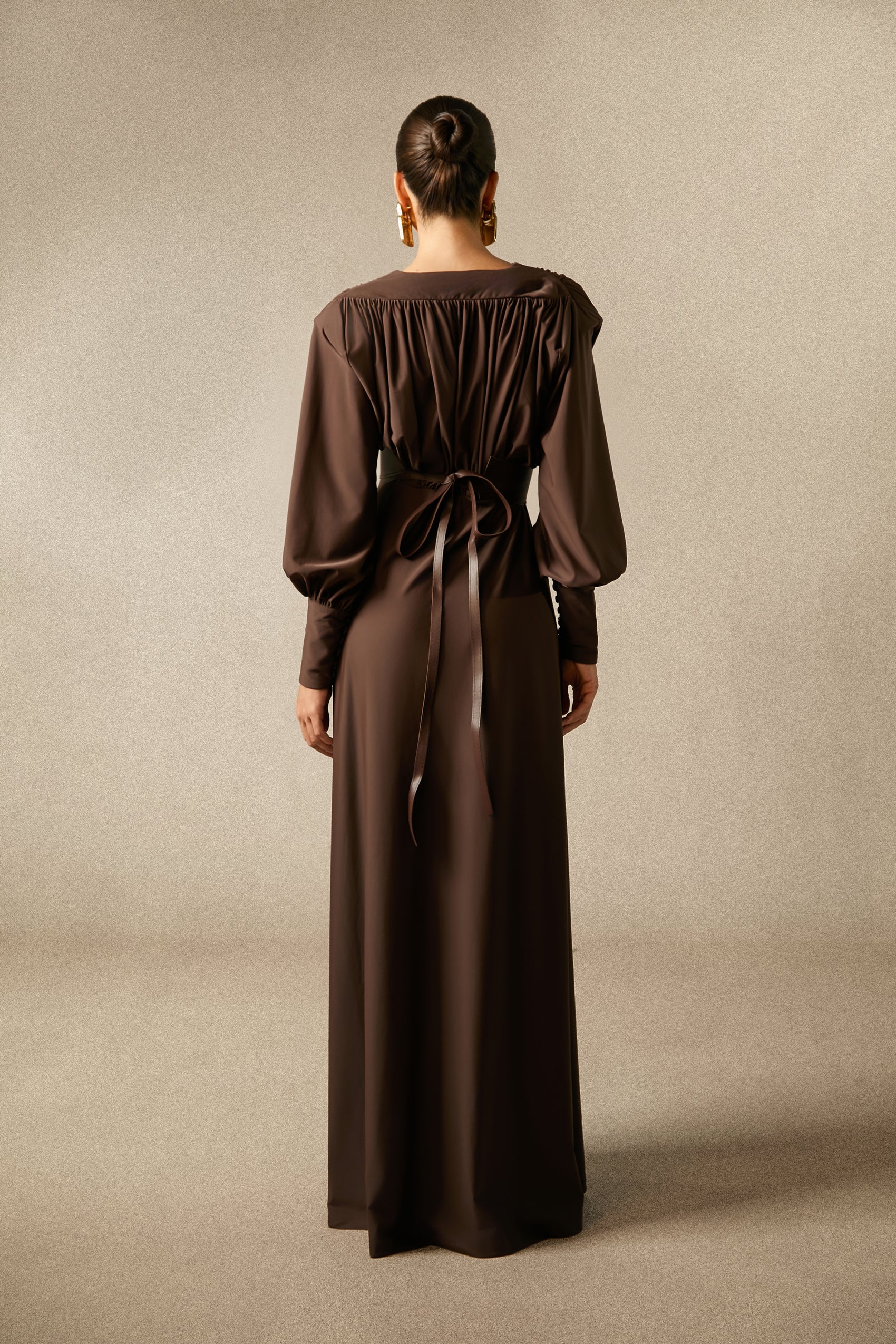 Renata Elegant Plunge V-Neck Long Sleeve Maxi Dress with Belt