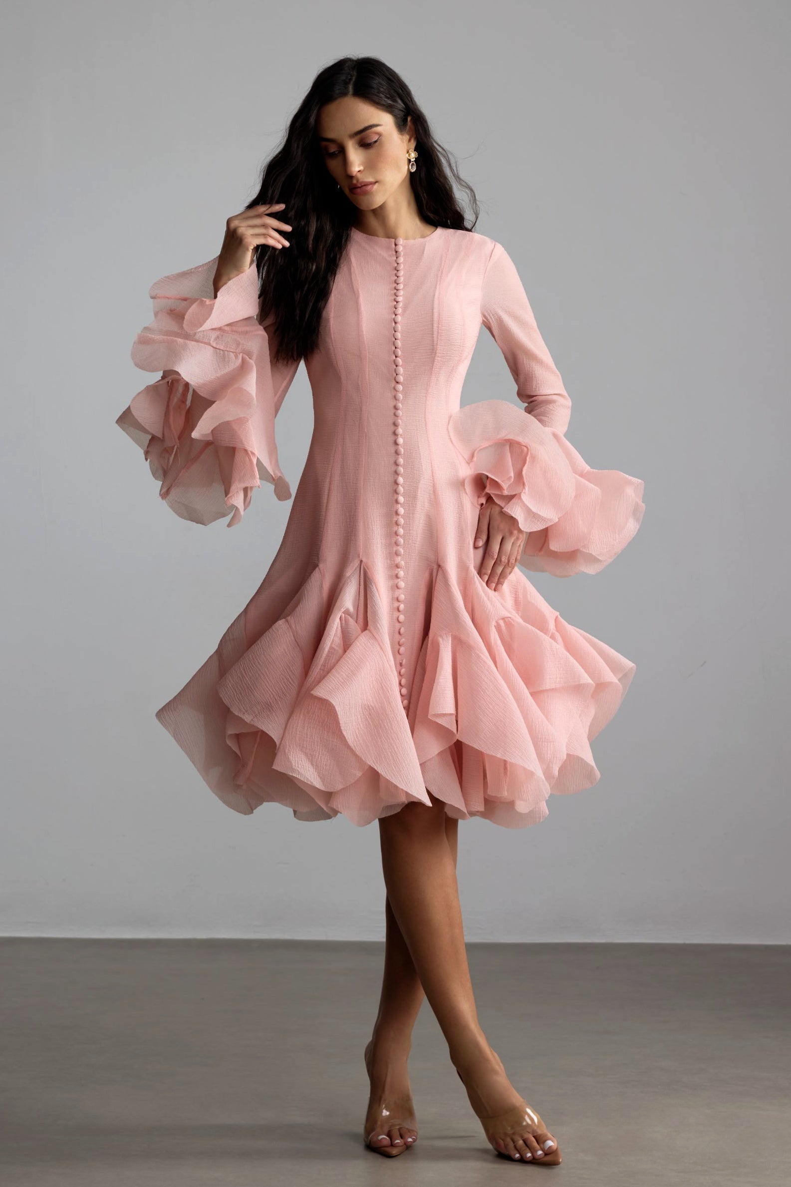 Gloria Elegant Long Sleeve Flared Hem Midi Dress for Fall Events